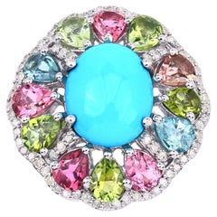 Turquoise Ring With Multicolor Tourmaline 6.56 Carats Sterling Silver