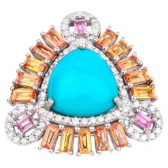 Turquoise Ring With Orange Pink Sapphires and Diamonds 8.38 Carats