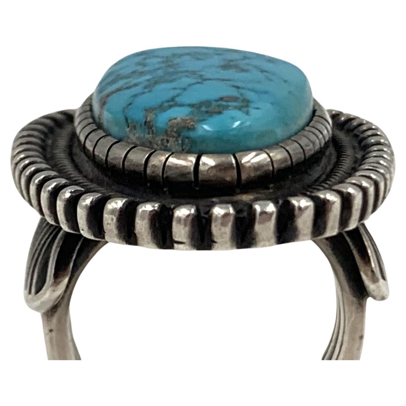 Native American Turquoise Ring with Sterling Silver Setting by Navajo Silversmith Terry Martinez For Sale