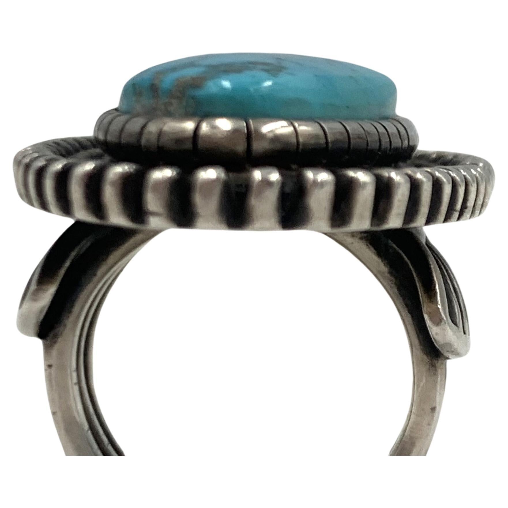 Women's or Men's Turquoise Ring with Sterling Silver Setting by Navajo Silversmith Terry Martinez For Sale