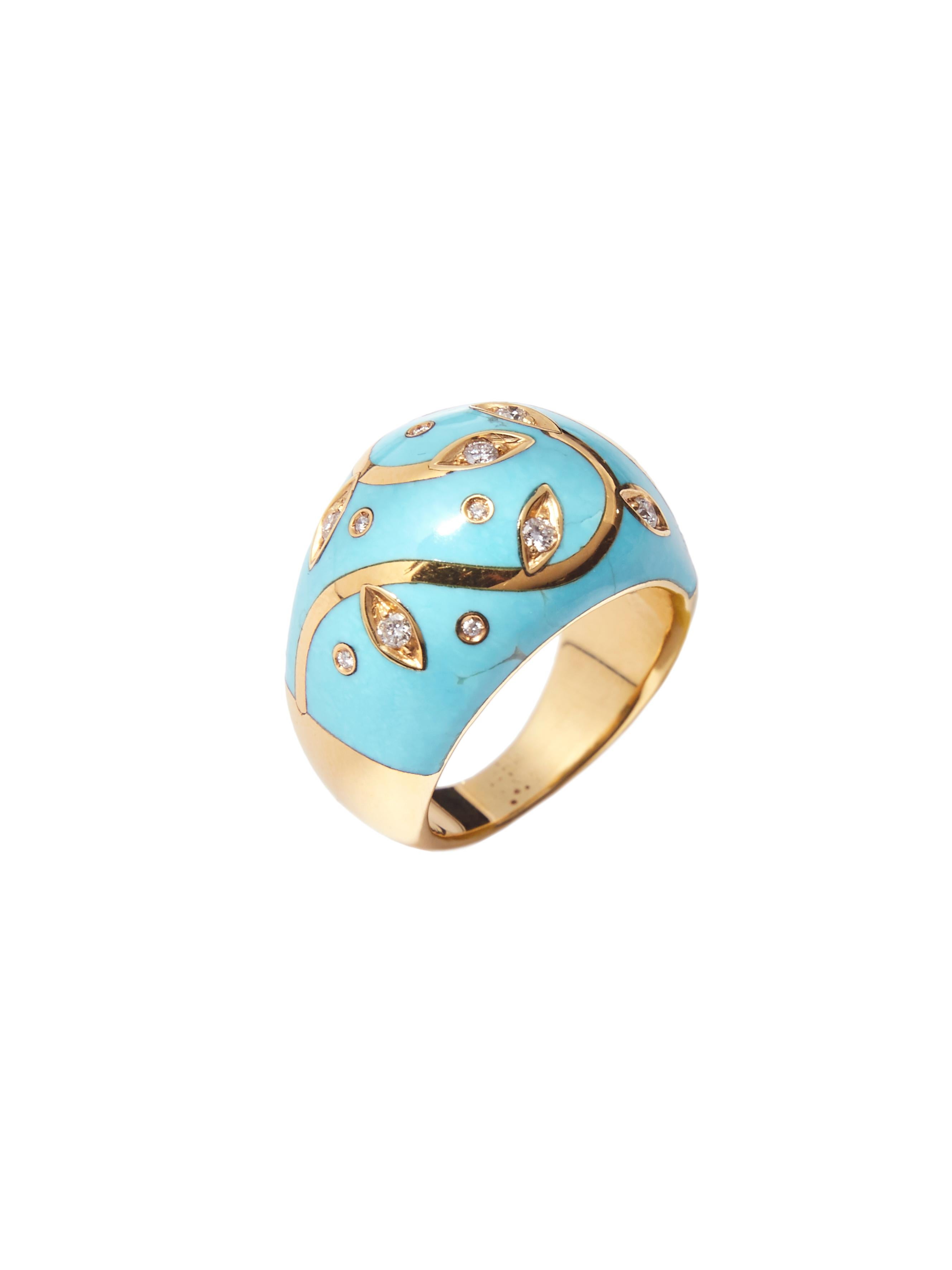 Ring sculpted in top quality Iranese turquoise with floral decoration executed with high carat yellow gold inlay and set with faceted diamonds.

Admire the beauty and craftsmanship of this ring, a piece that is truly unique; you will not find