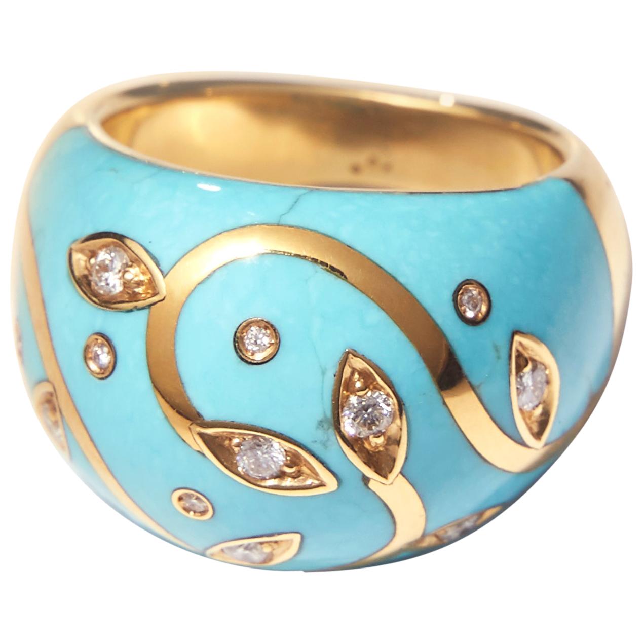 Turquoise Ring with Yellow Gold Inlay Set with Diamonds