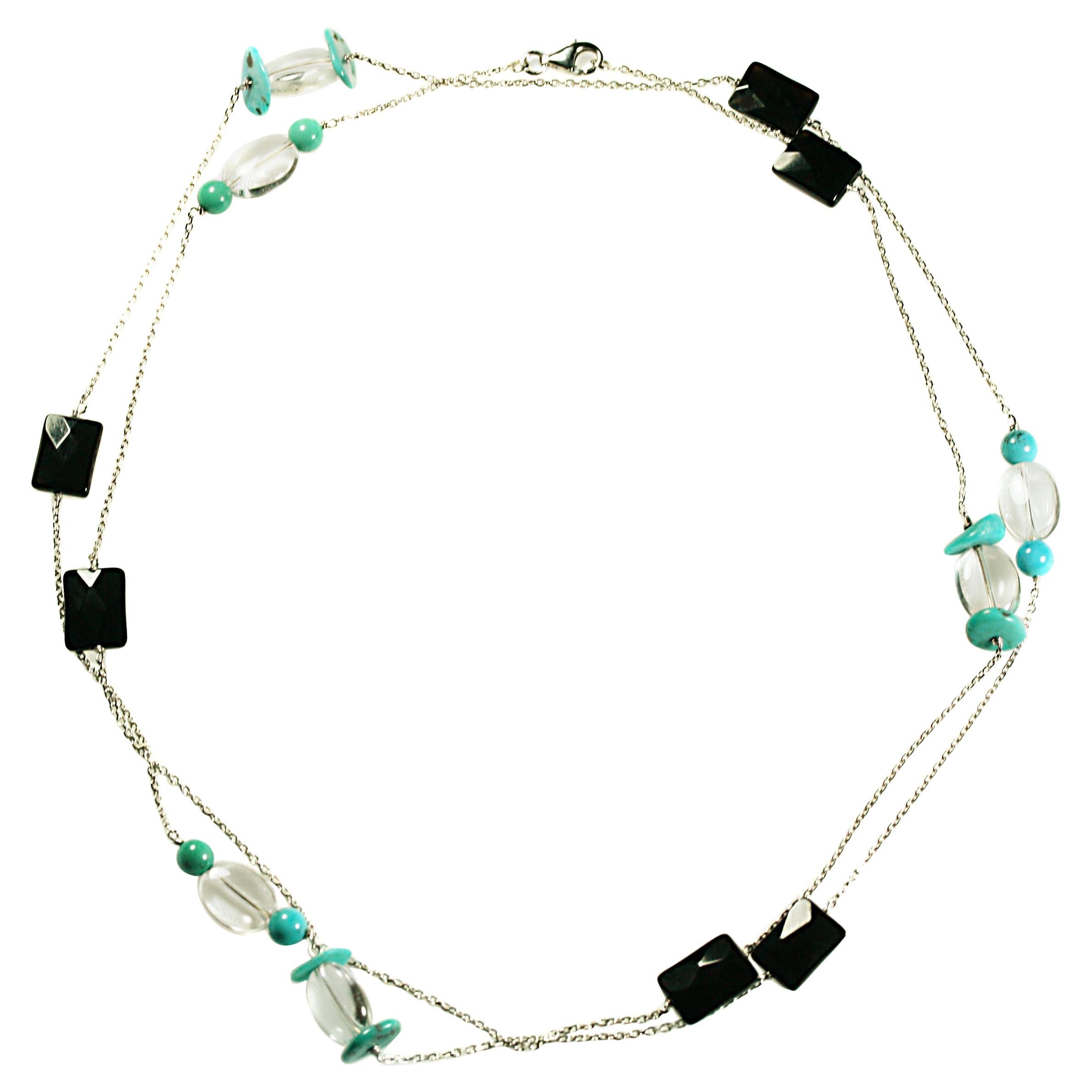 Turquoise, Rock Cristal Onyx 18k White Gold Necklace