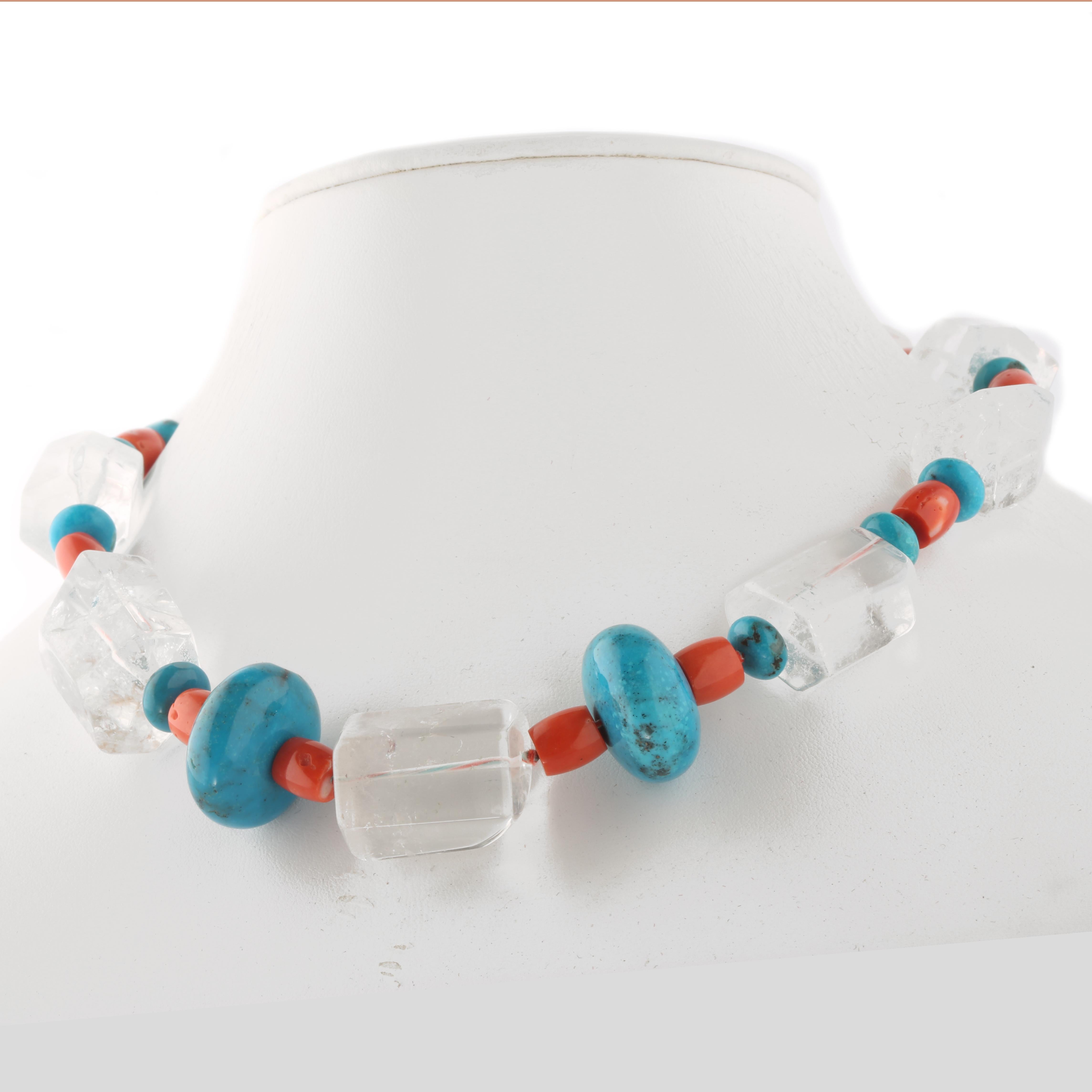 Art Nouveau Collana di perline con cristalli di rocca turchese e corallo rosso in argento Intini Jewels in vendita