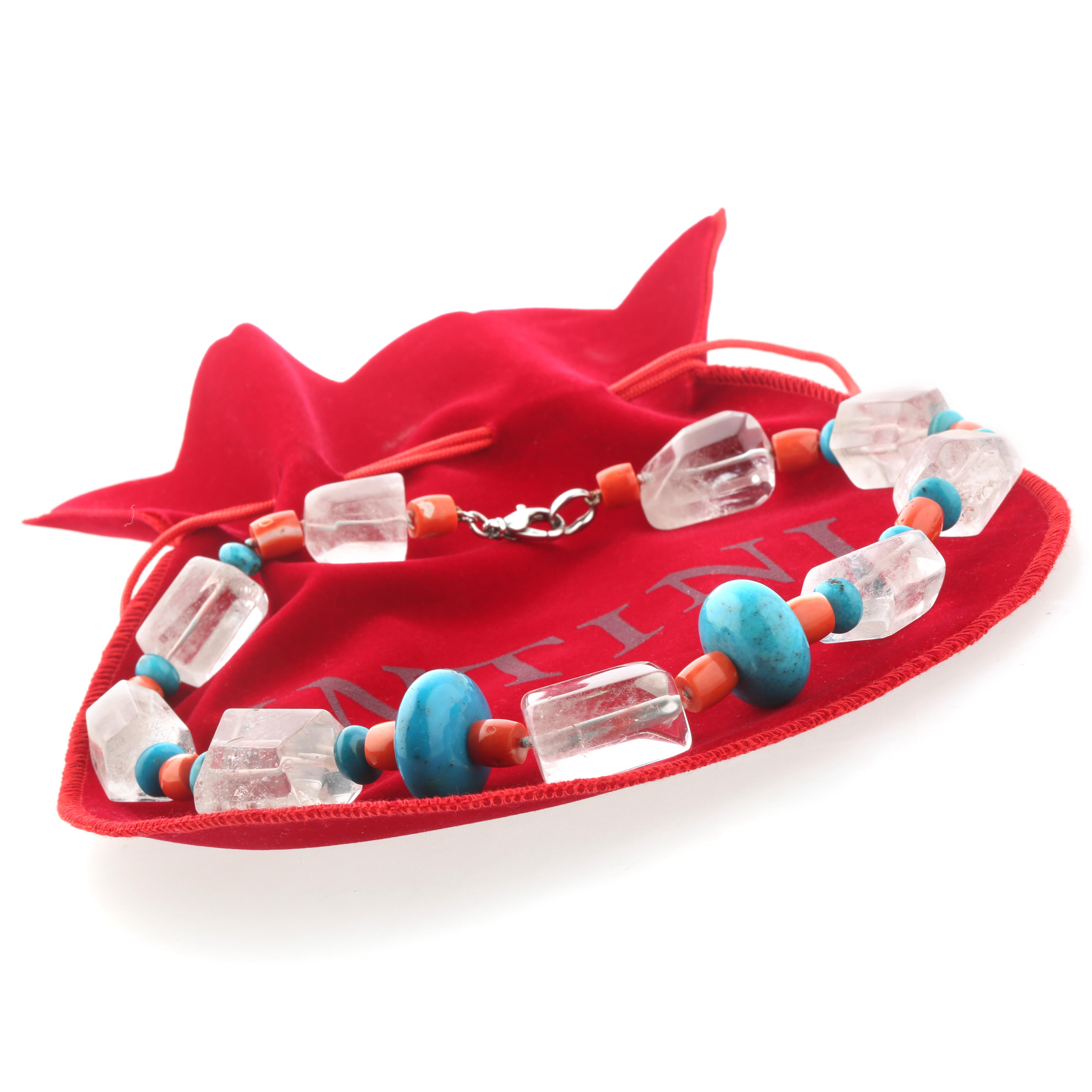 Donna Collana di perline con cristalli di rocca turchese e corallo rosso in argento Intini Jewels in vendita