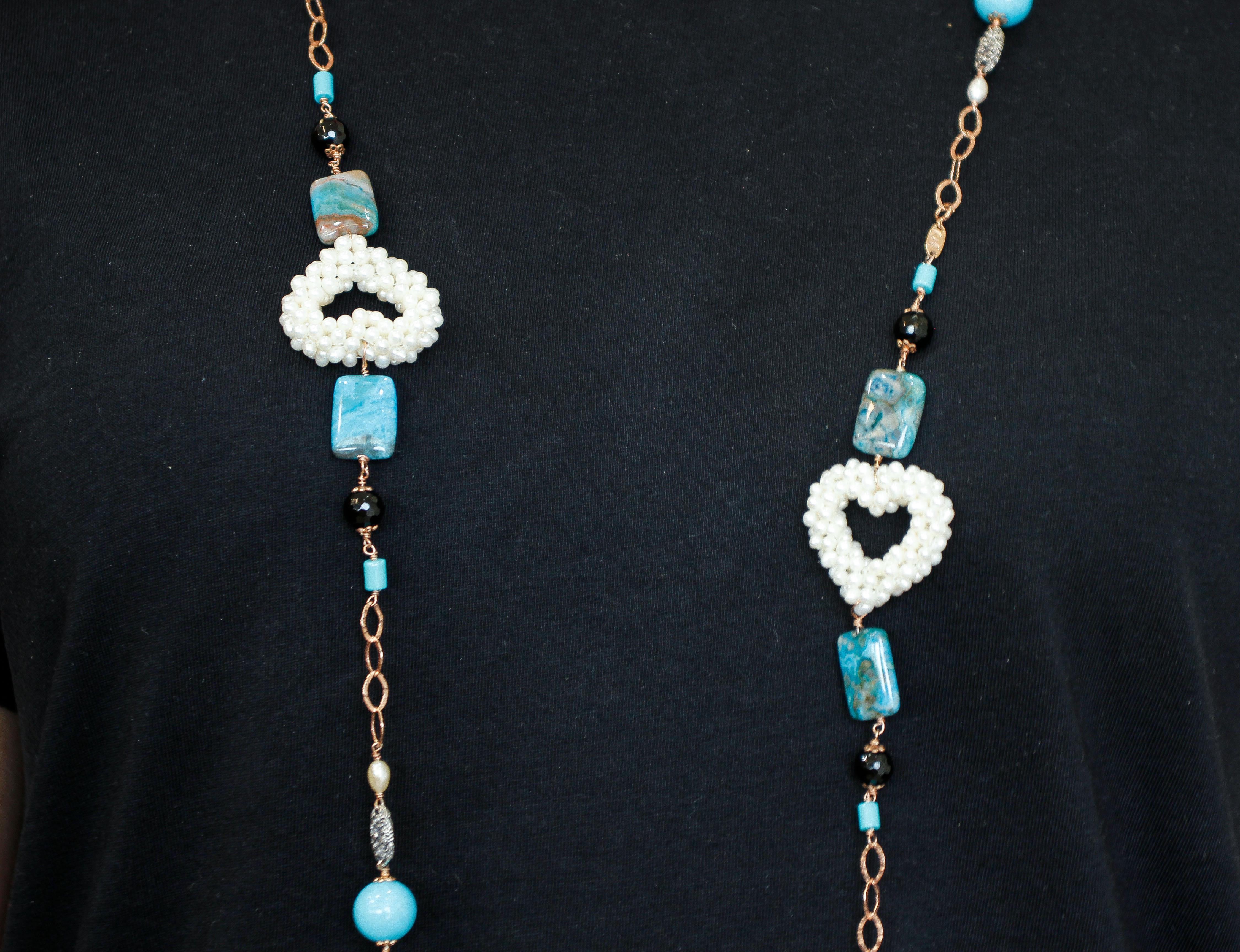 Mixed Cut Turquoise, Rock Crystal, Pearls, Calcedony 9 Karat Gold and Silver Long Necklace For Sale
