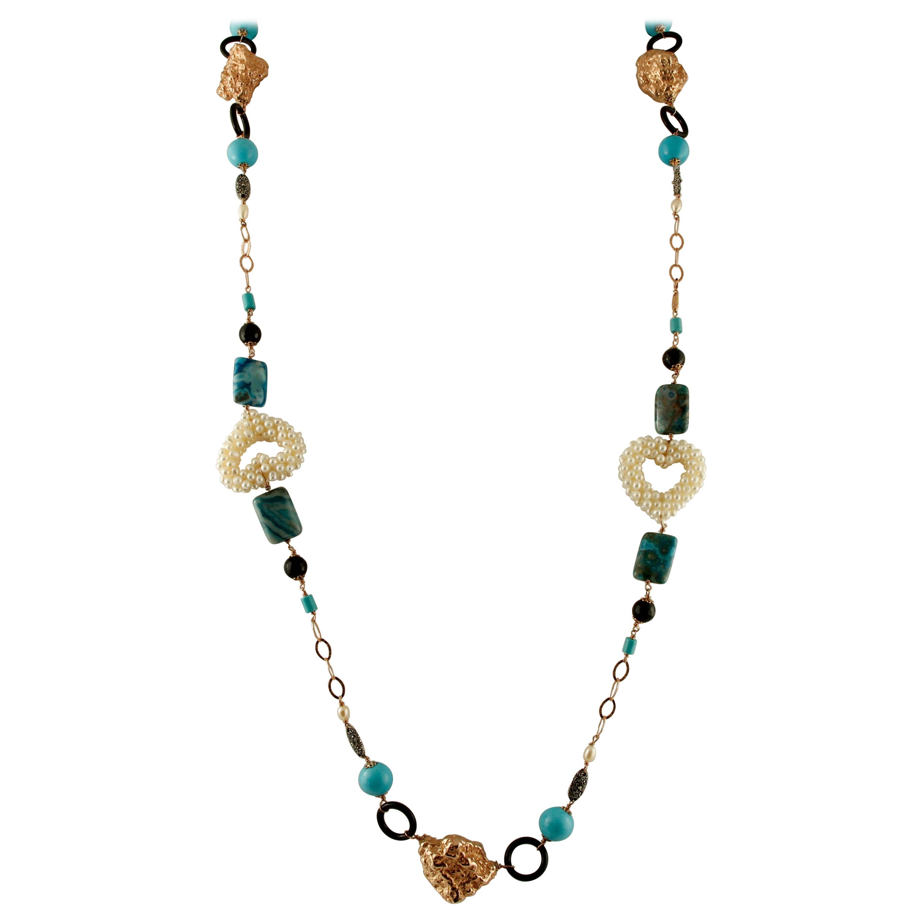Turquoise, Rock Crystal, Pearls, Calcedony 9 Karat Gold and Silver Long Necklace For Sale