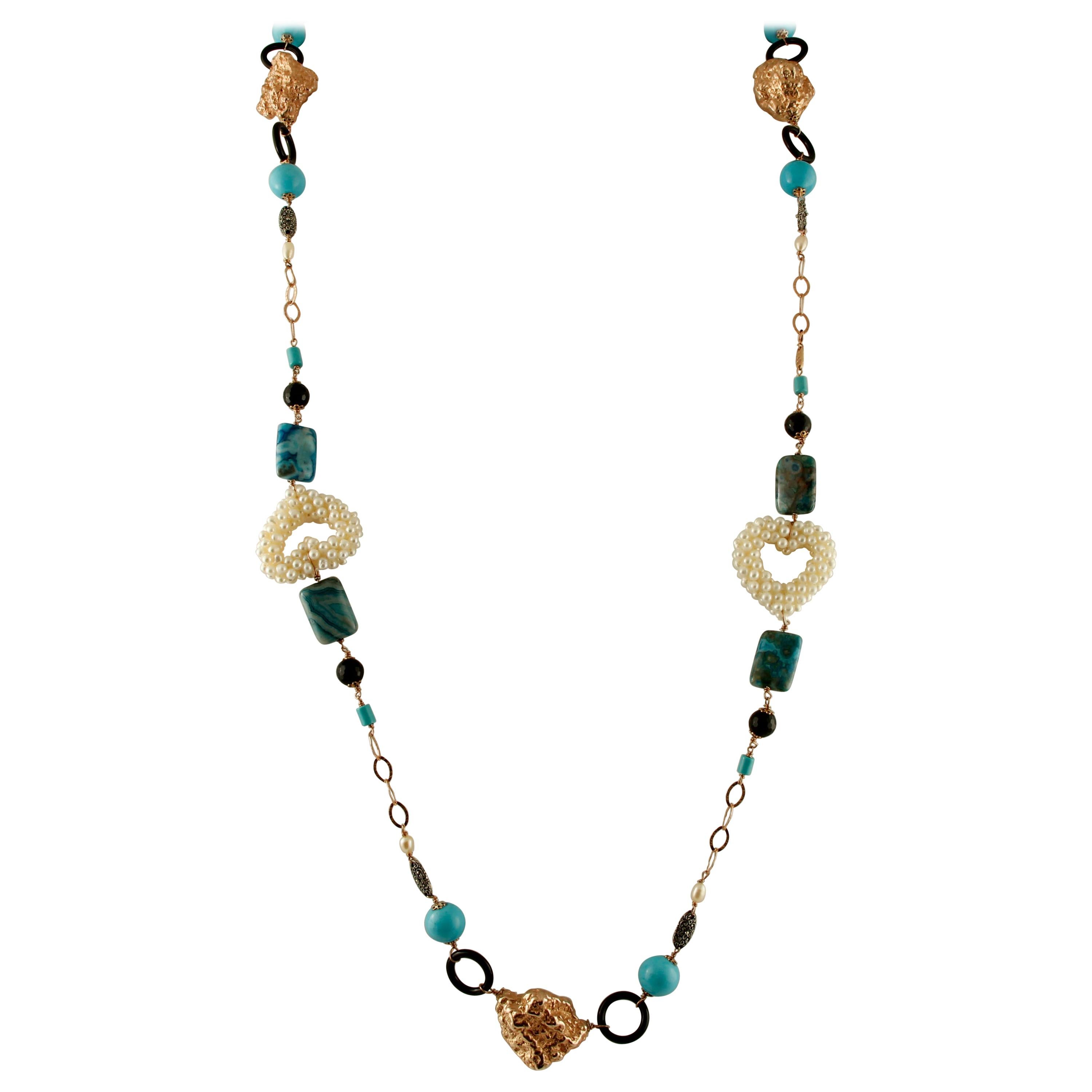 Turquoise, Rock Crystal, Pearls, Calcedony 9 Karat Gold and Silver Long Necklace
