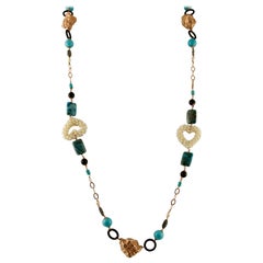 Retro Turquoise, Rock Crystal, Pearls, Calcedony 9 Karat Gold and Silver Long Necklace