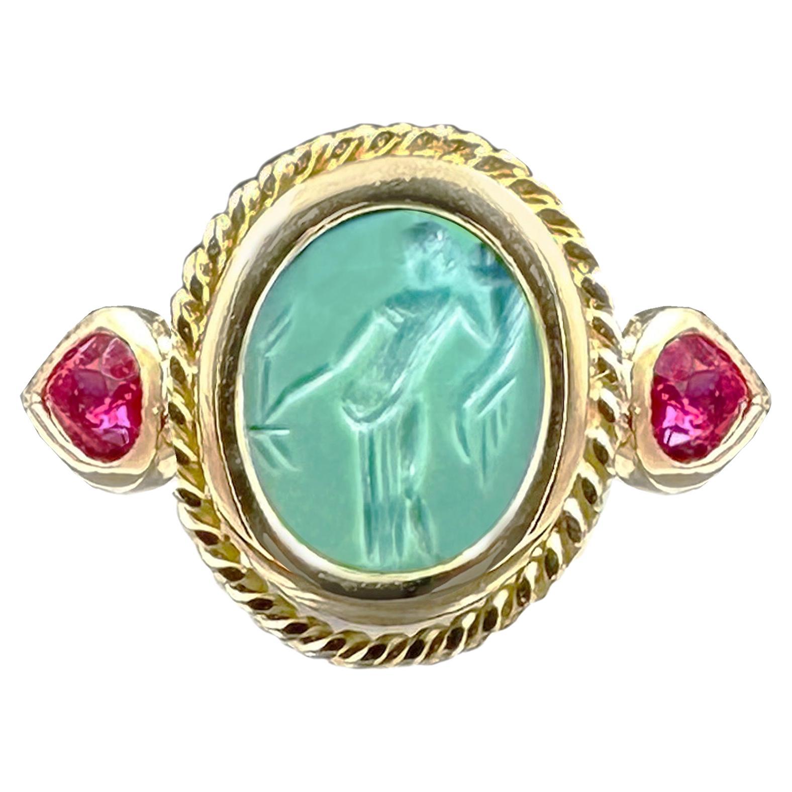 Turquoise Roman Intaglio '1st Cent AD' Depicting Goddess Fortuna 18t Gold Ring