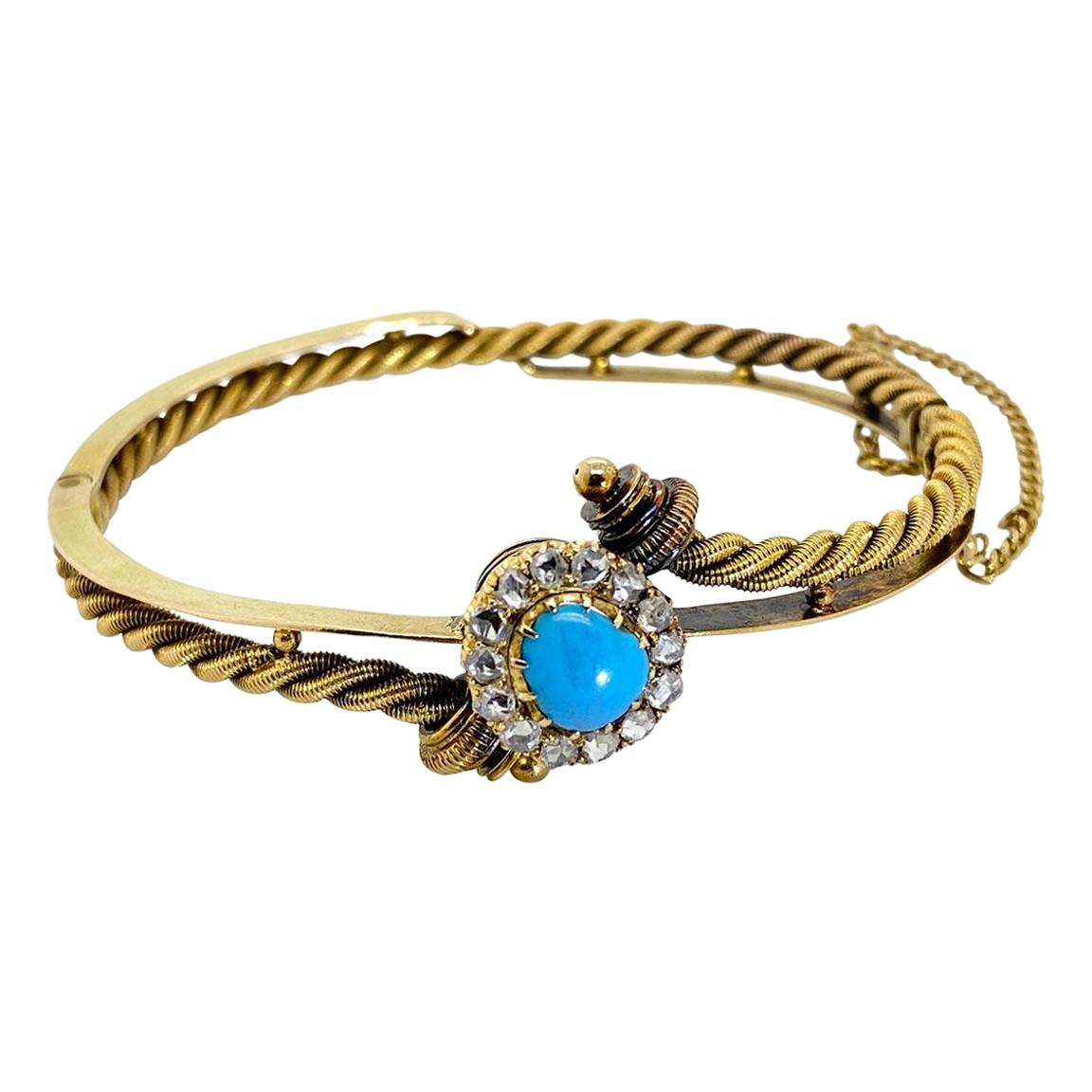 Turquoise Rose Cut Diamond and 14 Karat Yellow Gold Hinged Russian Bangle