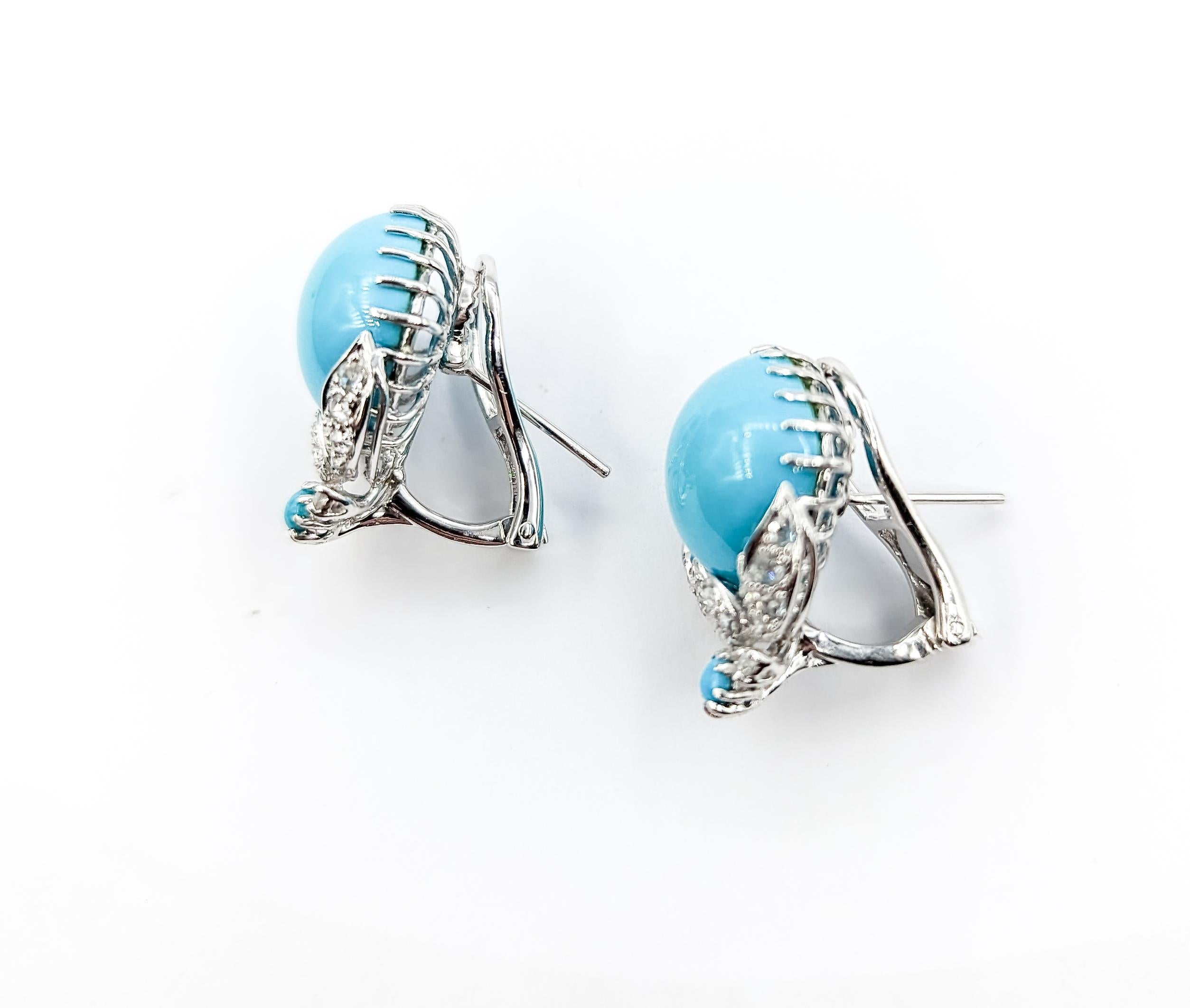 Turquoise & Rose Cut Diamond Omega Back Earrings in 18kt White Gold

Introducing these beautiful gemstone fashion earrings crafted in 18kt white gold. The earrings feature .33ctw rose-cut diamonds with Omega back clip convertible and 10mm turquoise
