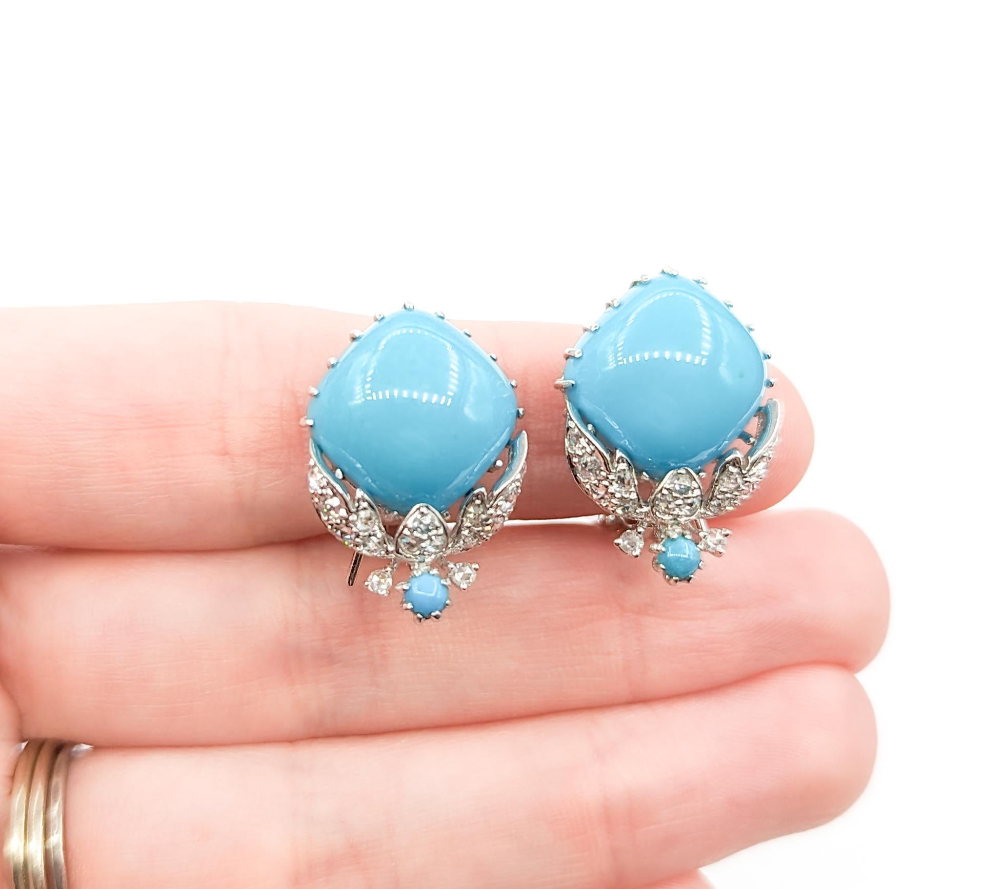 Cabochon Turquoise & Rose Cut Diamond Omega Back Earrings in 18kt White Gold