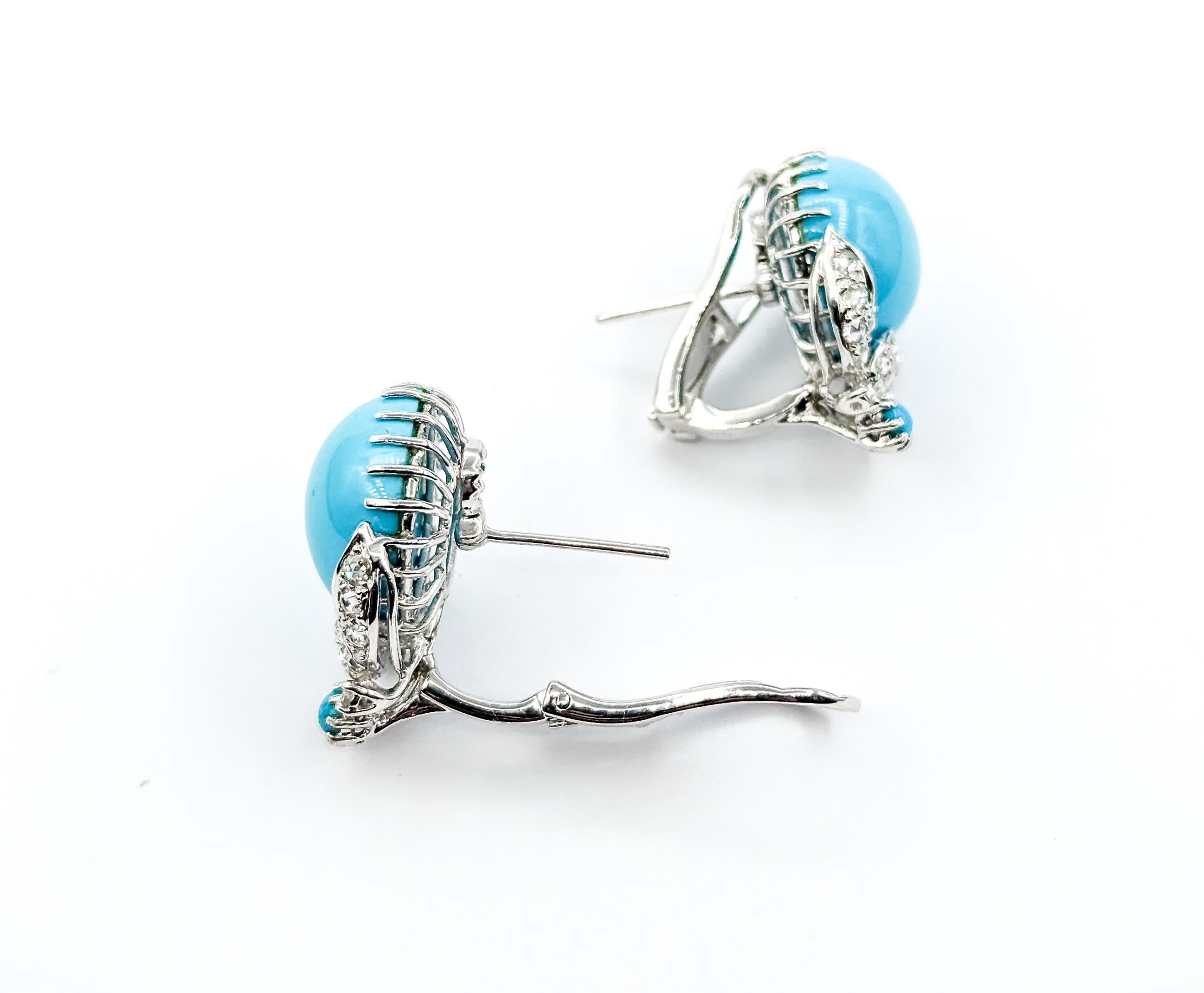 Turquoise & Rose Cut Diamond Omega Back Earrings in 18kt White Gold In Excellent Condition In Bloomington, MN