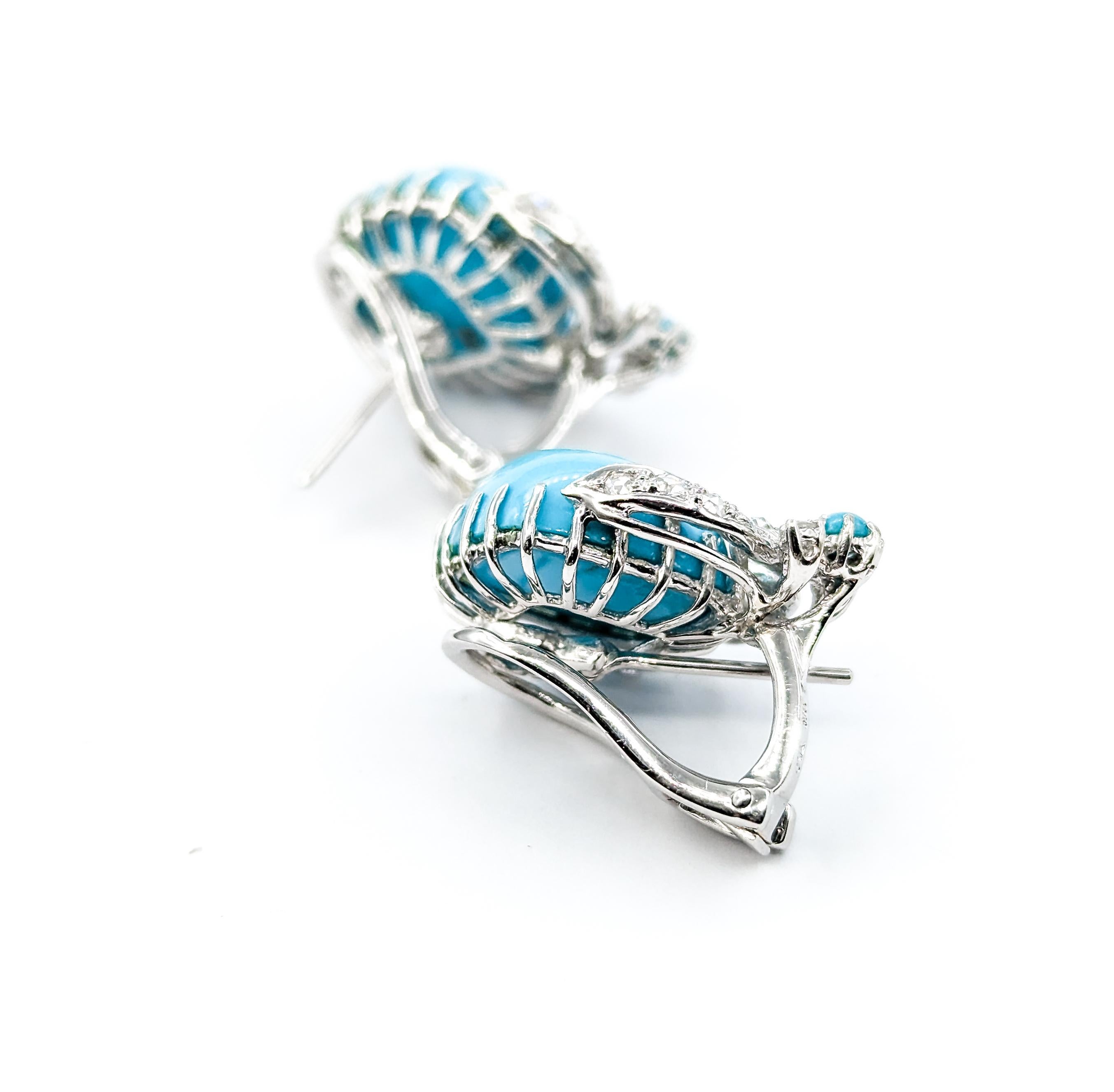 Women's Turquoise & Rose Cut Diamond Omega Back Earrings in 18kt White Gold