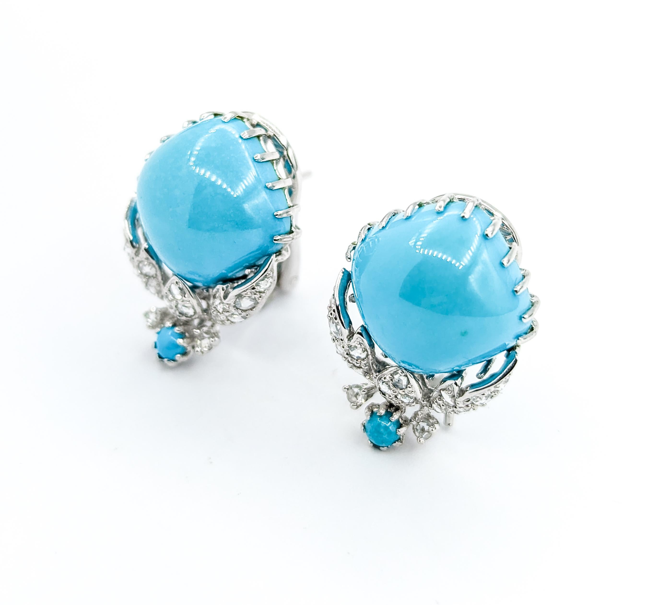 Turquoise & Rose Cut Diamond Omega Back Earrings in 18kt White Gold 1