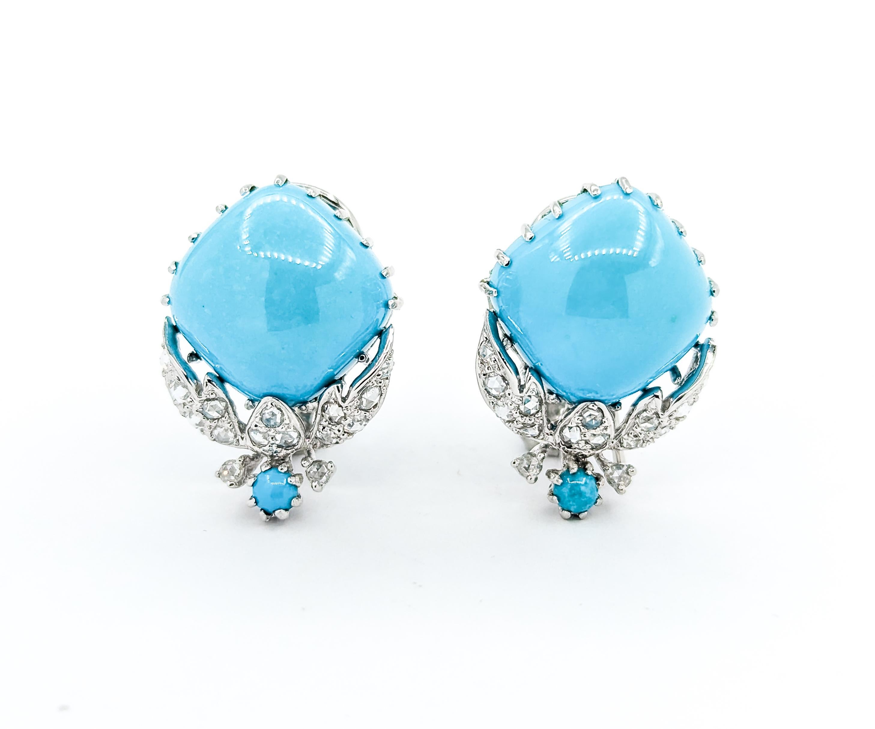 Turquoise & Rose Cut Diamond Omega Back Earrings in 18kt White Gold 2