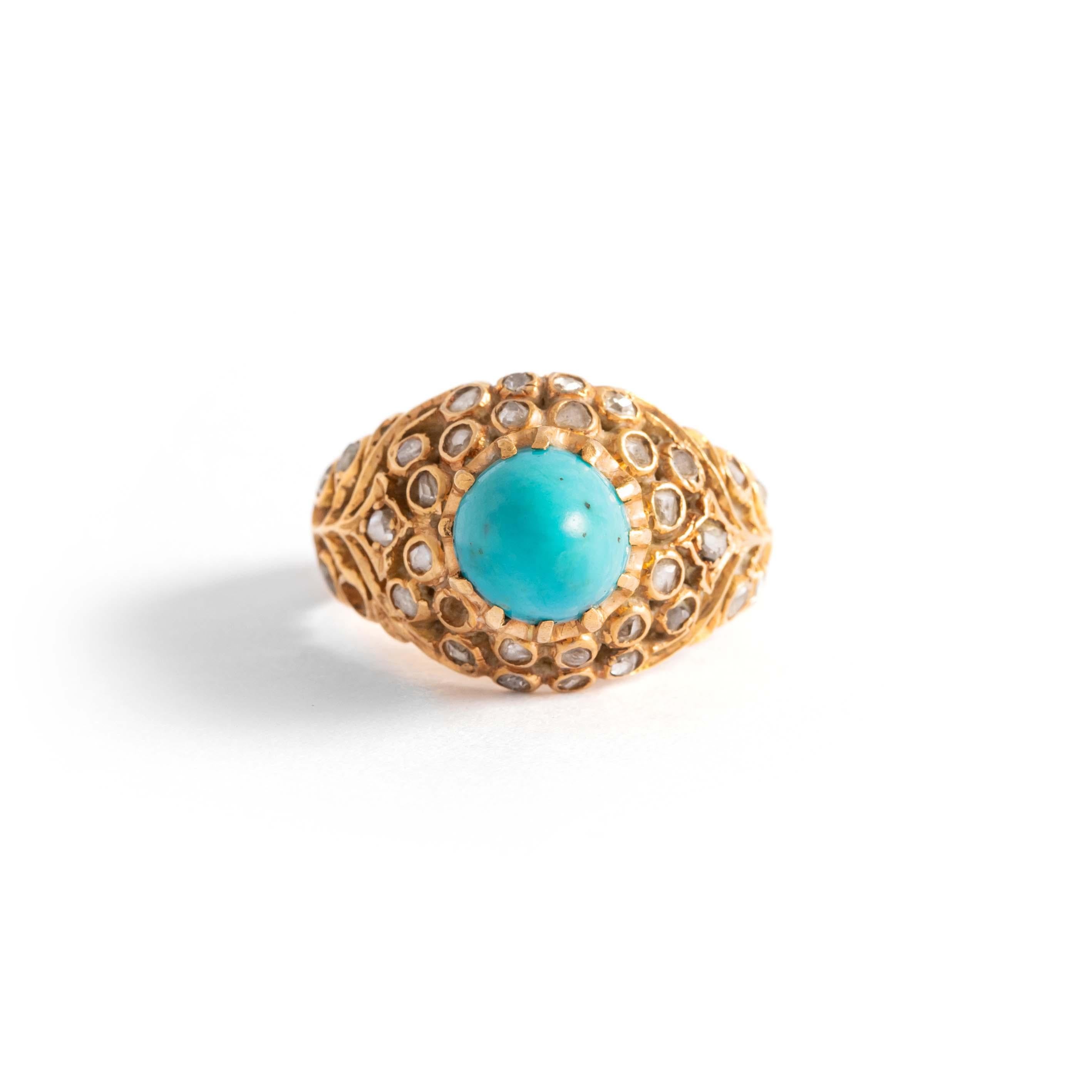 Turquoise Rose Cut Diamond Yellow Gold Ring In Good Condition For Sale In Geneva, CH