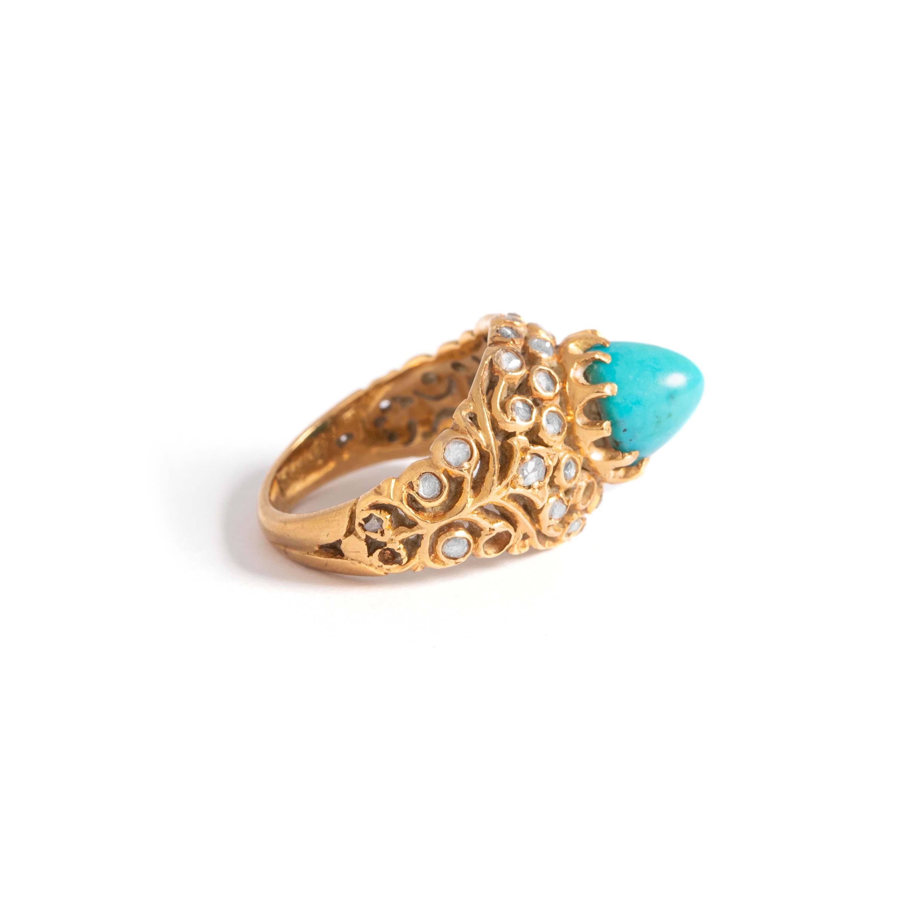 Women's or Men's Turquoise Rose Cut Diamond Yellow Gold Ring For Sale