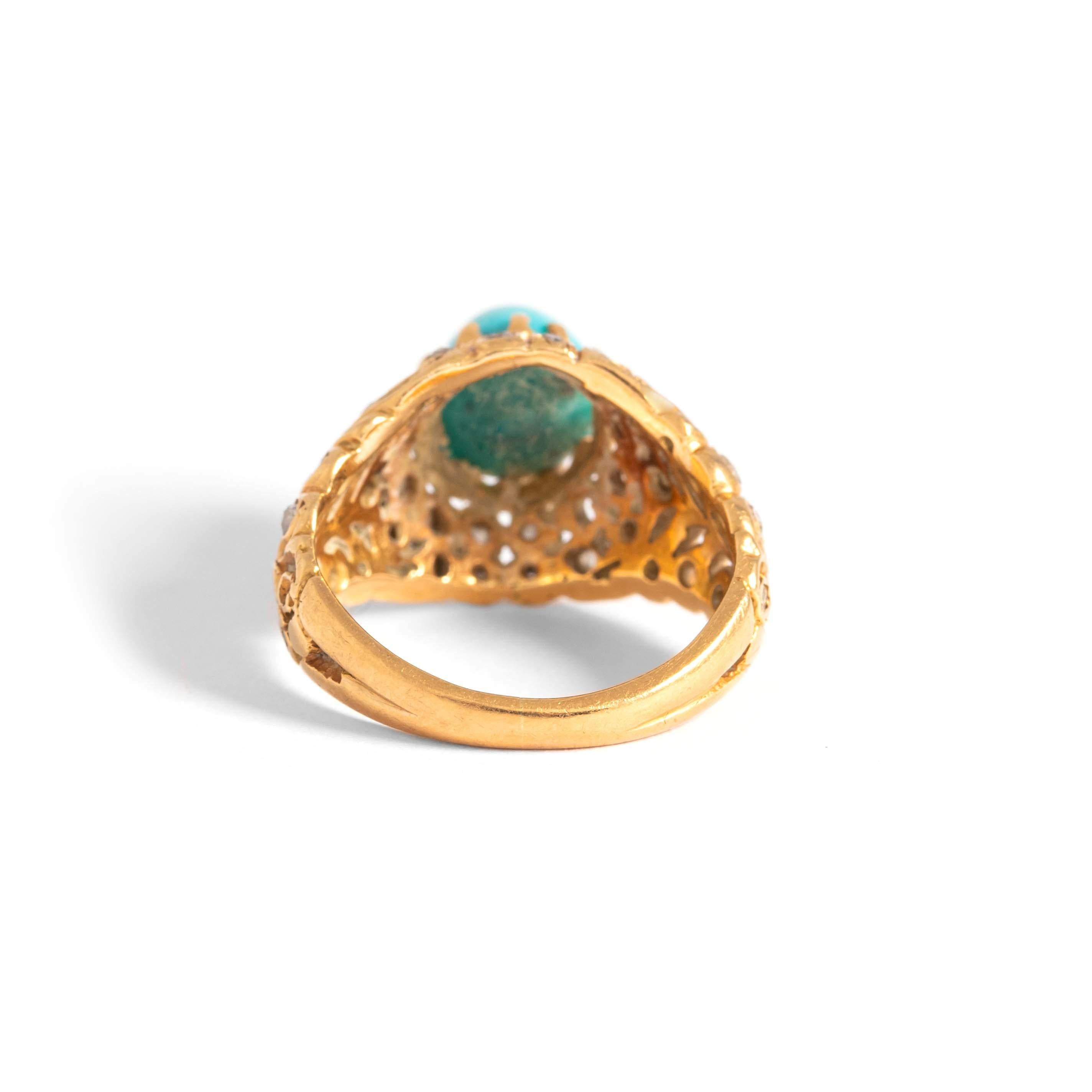 Turquoise Rose Cut Diamond Yellow Gold Ring For Sale 1