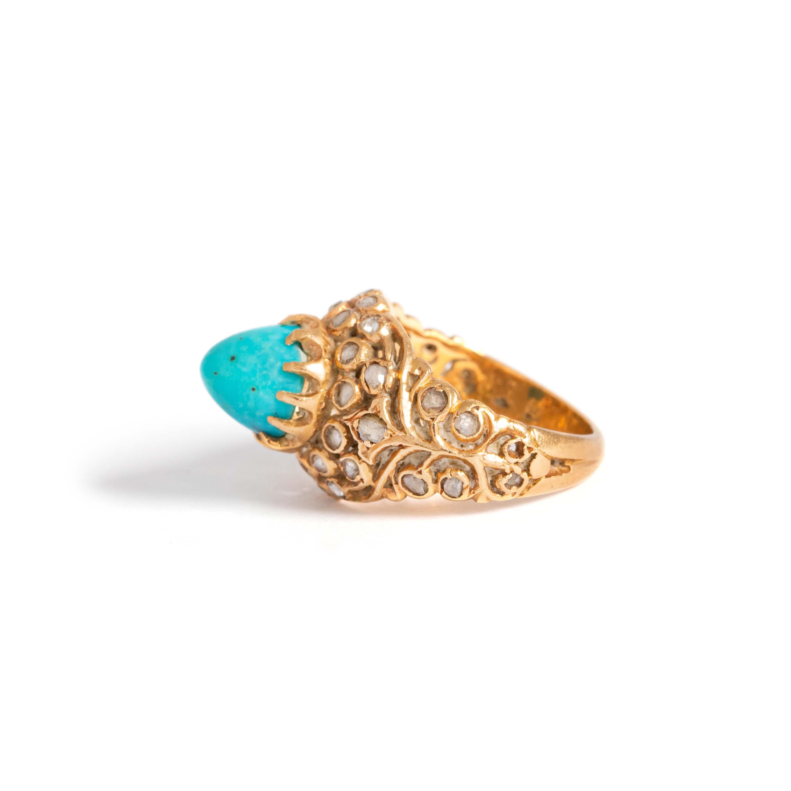 Turquoise Rose Cut Diamond Yellow Gold Ring For Sale 2