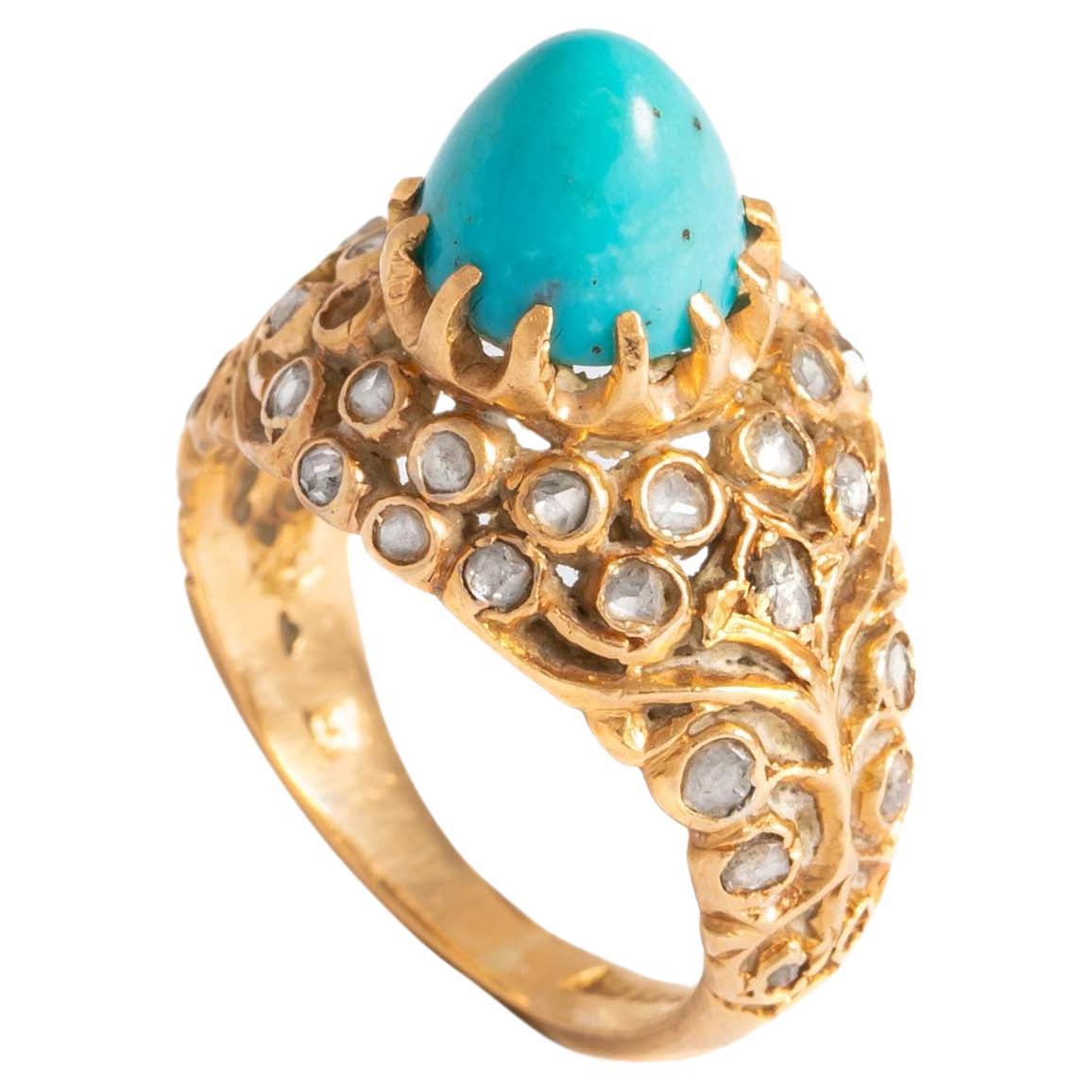 Turquoise Rose Cut Diamond Yellow Gold Ring For Sale