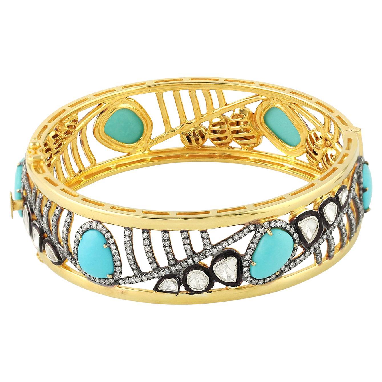 Turquoise & Rose Cut Diamonds Engraved Grill Cuff with Made in 18k Gold & Silver For Sale