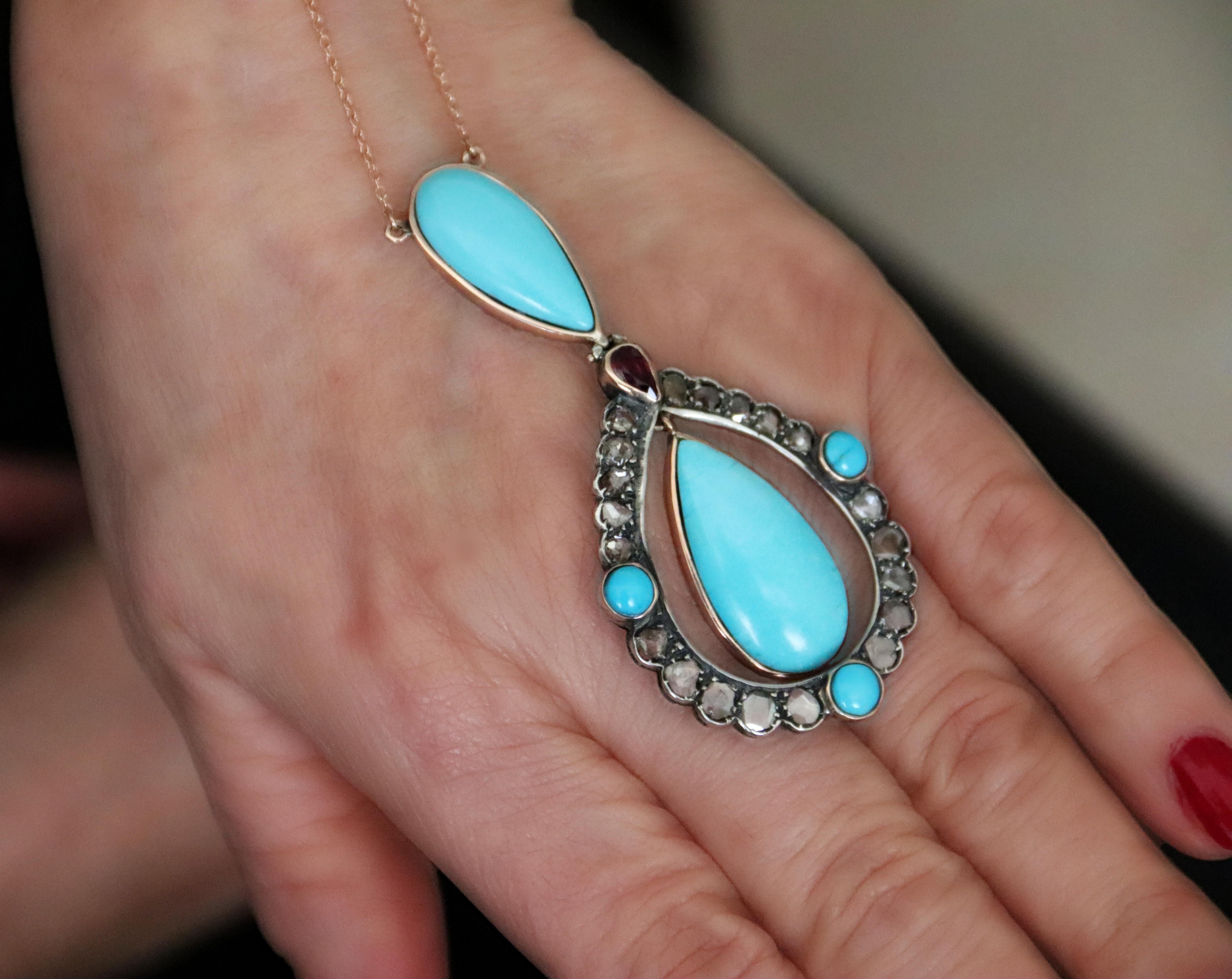 Turquoise Rose Cut Diamonds Yellow Gold 9 Karat Pendant Necklace For Sale 5
