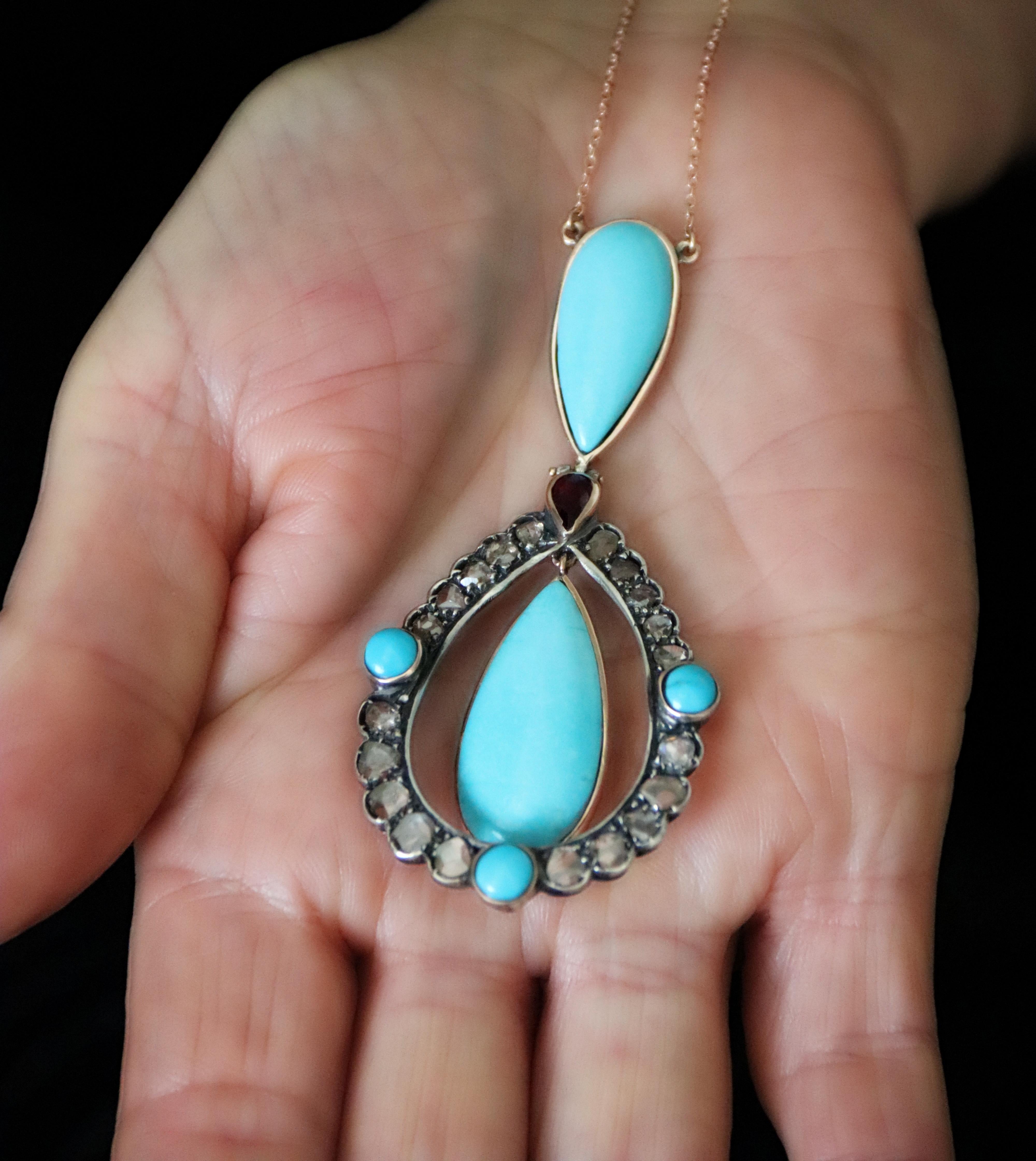 Turquoise Rose Cut Diamonds Yellow Gold 9 Karat Pendant Necklace For Sale 6
