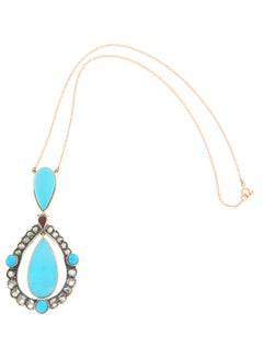 Turquoise Rose Cut Diamonds Yellow Gold 9 Karat Pendant Necklace