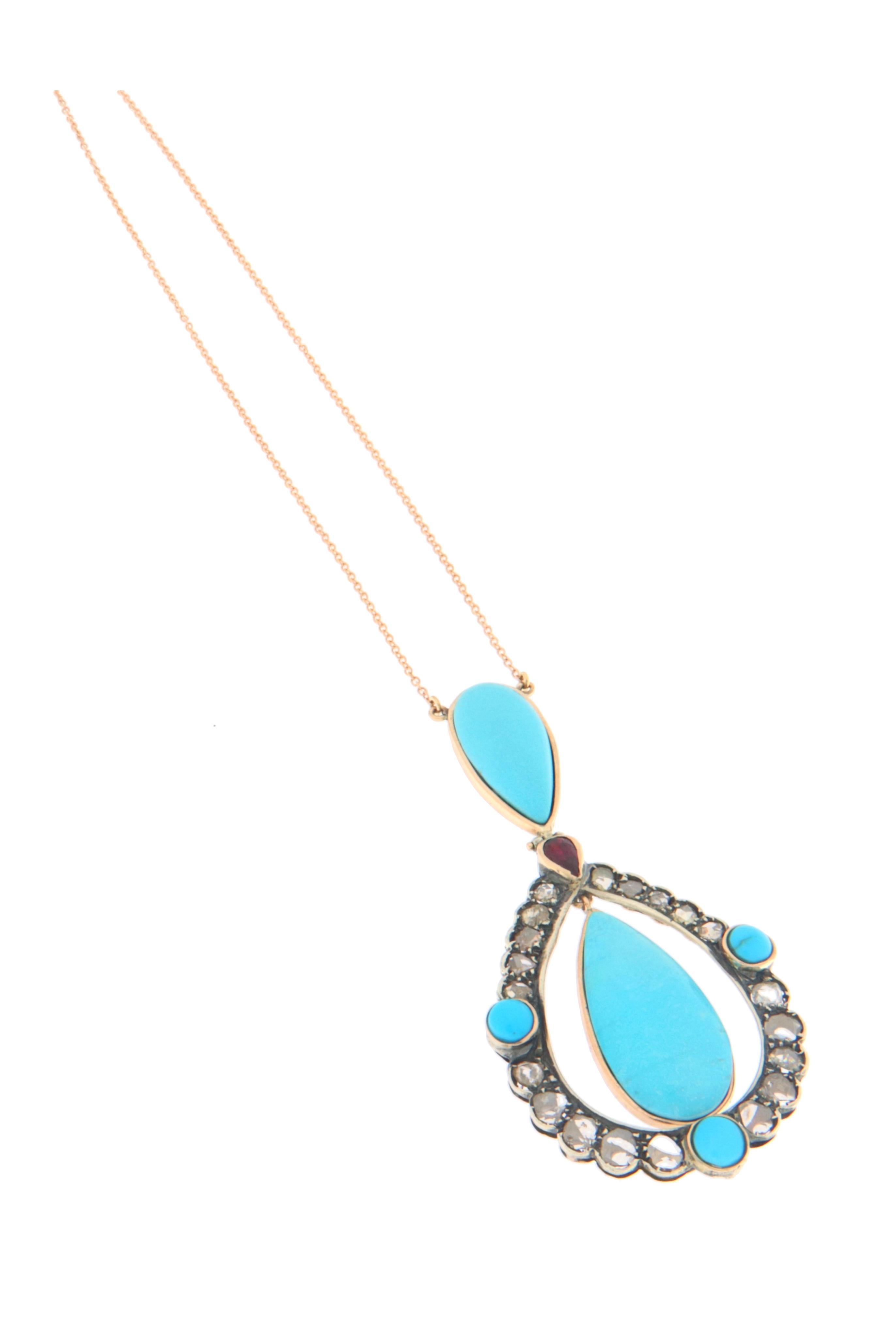 Artisan Turquoise Rose Cut Diamonds Yellow Gold 9 Karat Pendant Necklace For Sale