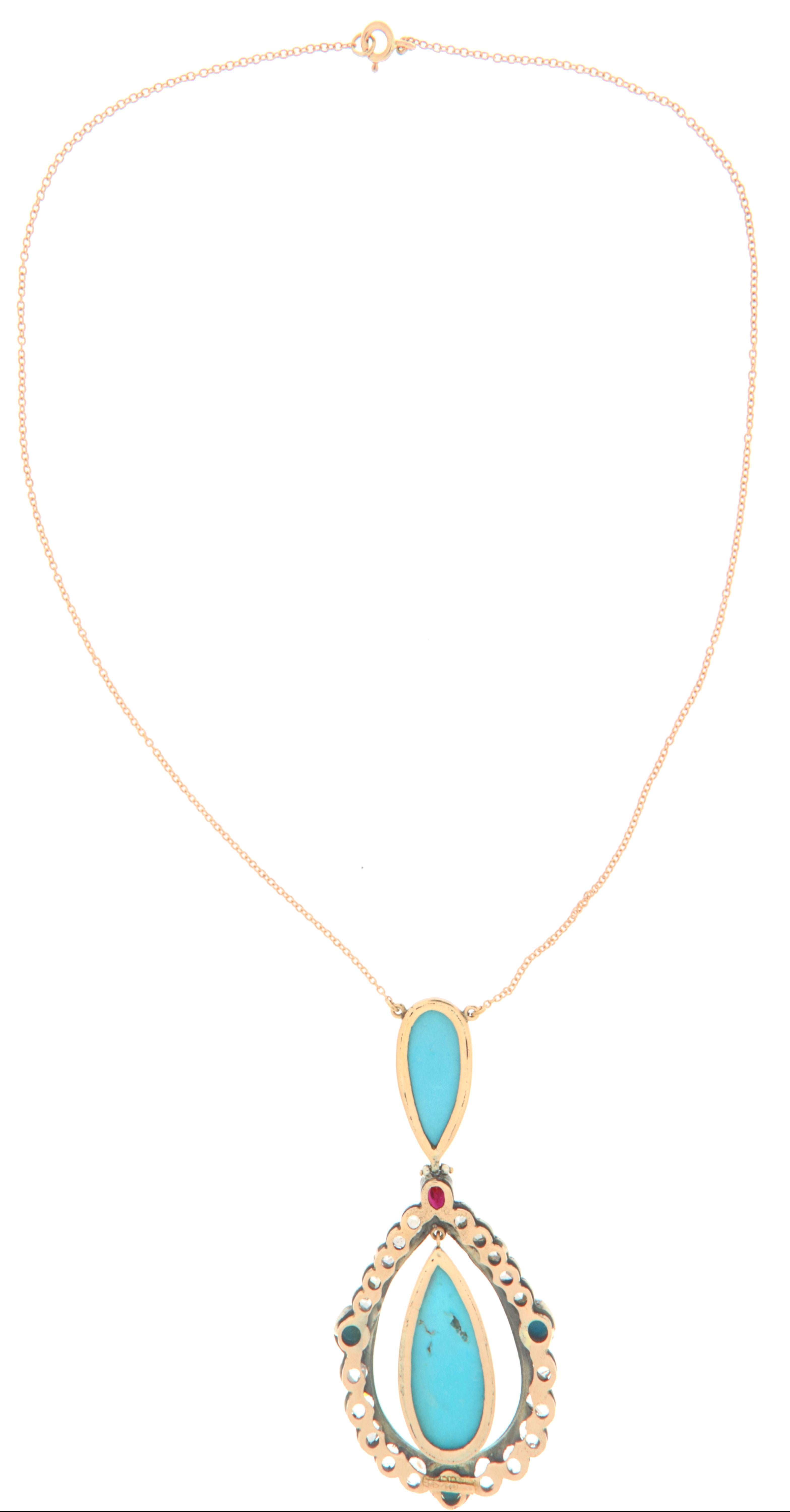 Turquoise Rose Cut Diamonds Yellow Gold 9 Karat Pendant Necklace In Excellent Condition For Sale In Marcianise, IT