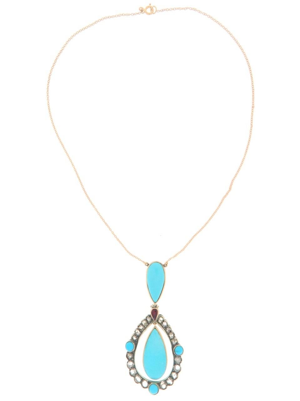 Women's Turquoise Rose Cut Diamonds Yellow Gold 9 Karat Pendant Necklace For Sale