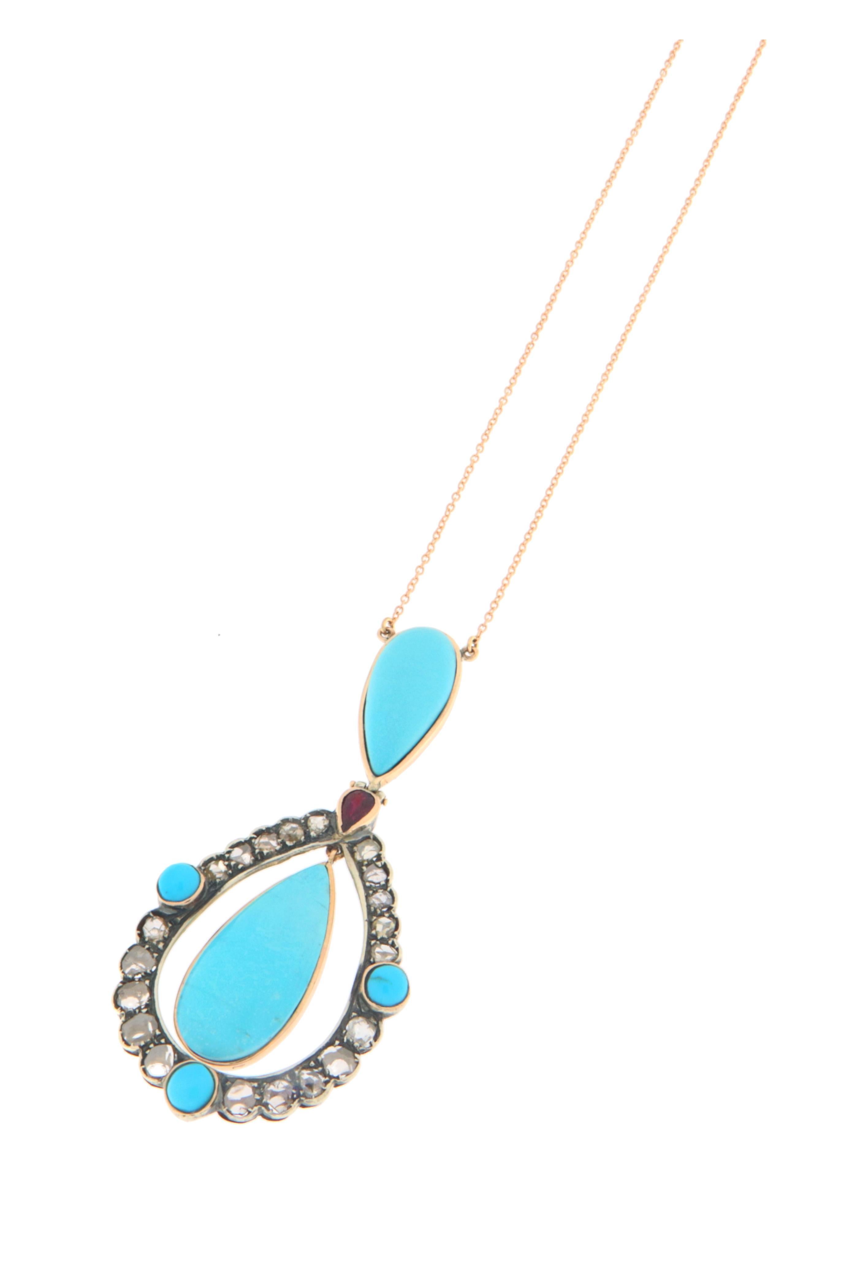 Turquoise Rose Cut Diamonds Yellow Gold 9 Karat Pendant Necklace For Sale 1