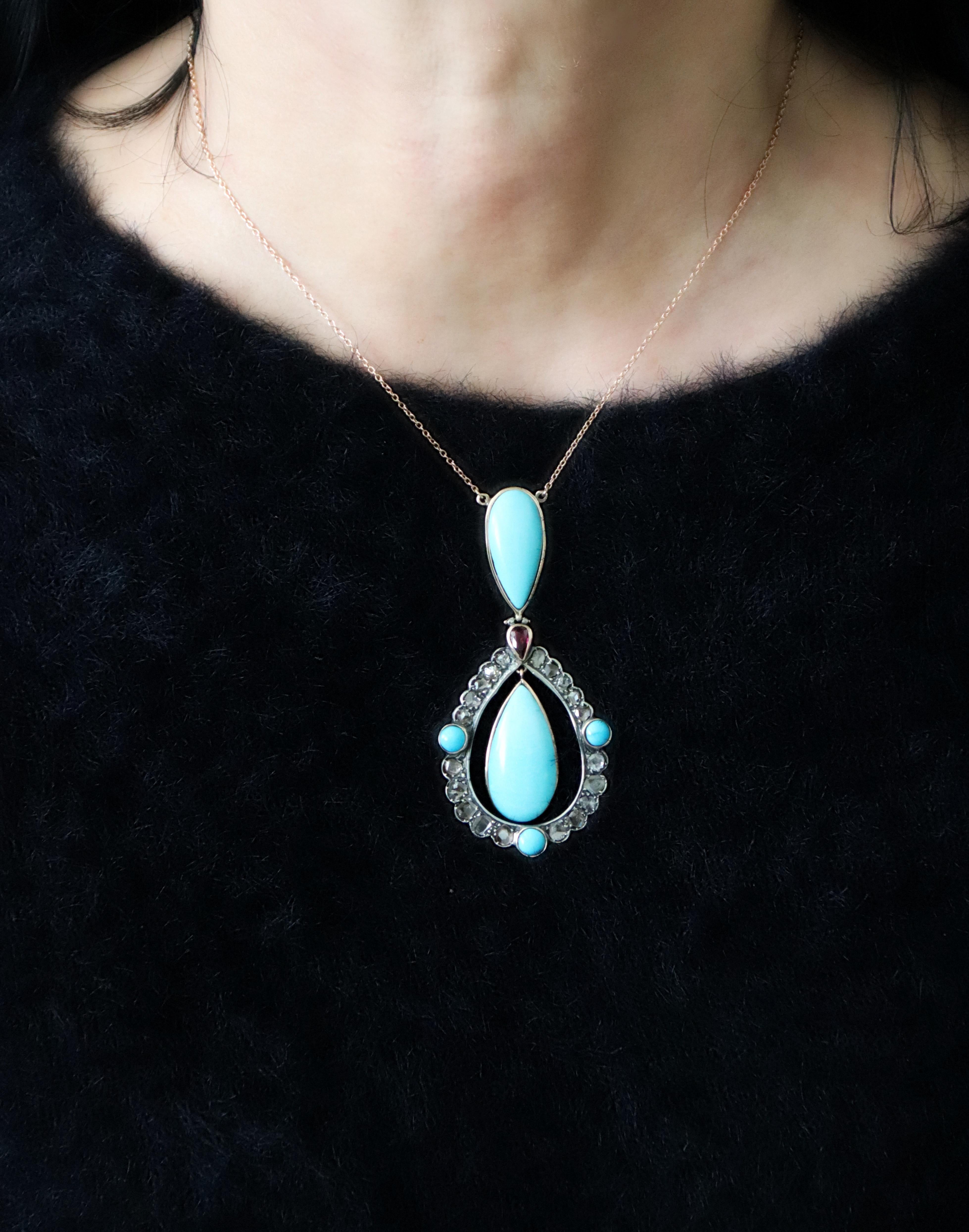 Turquoise Rose Cut Diamonds Yellow Gold 9 Karat Pendant Necklace For Sale 2
