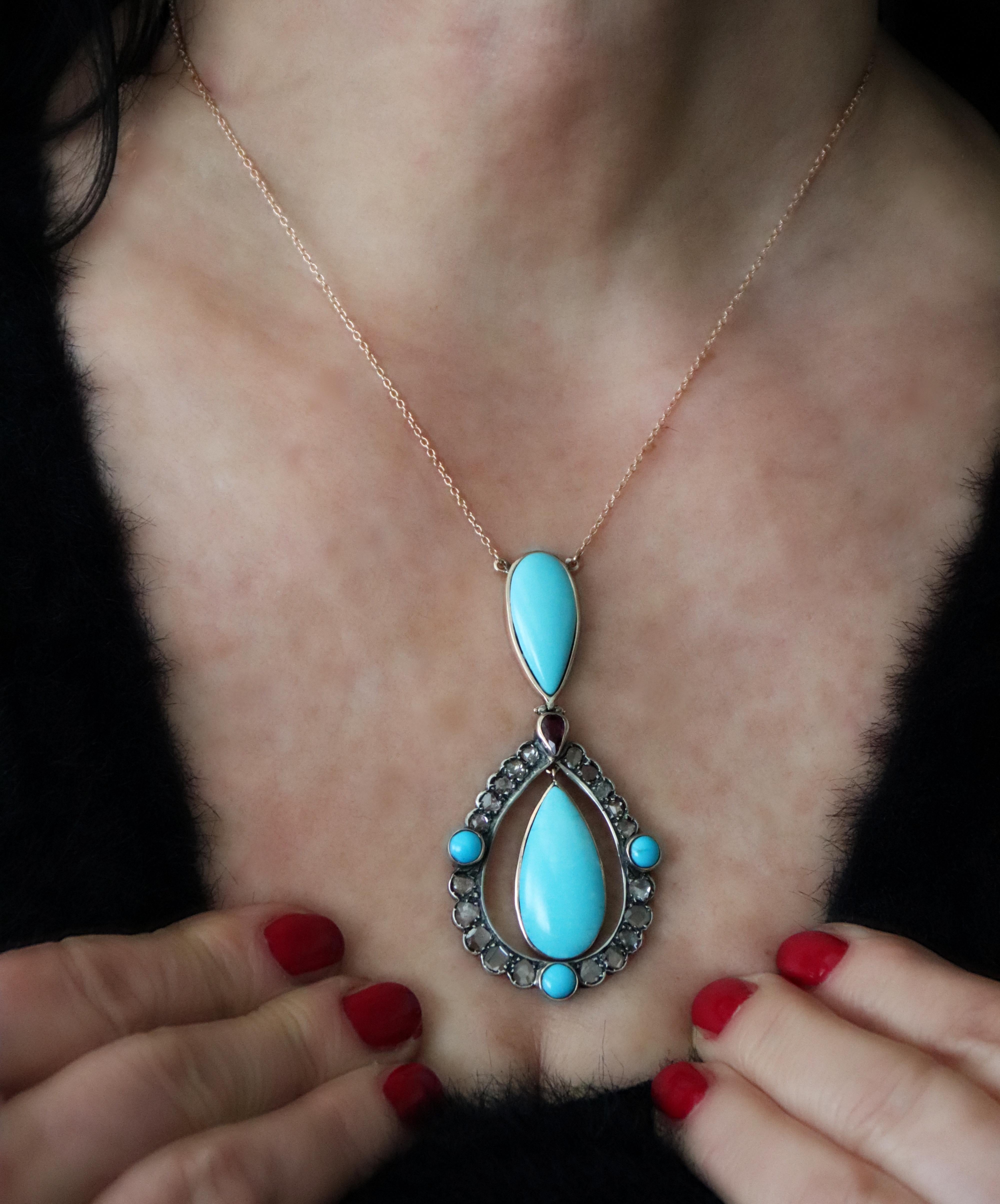 Turquoise Rose Cut Diamonds Yellow Gold 9 Karat Pendant Necklace For Sale 3