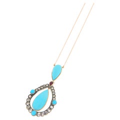 Turquoise Rose Cut Diamonds Yellow Gold 9 Karat Pendant Necklace