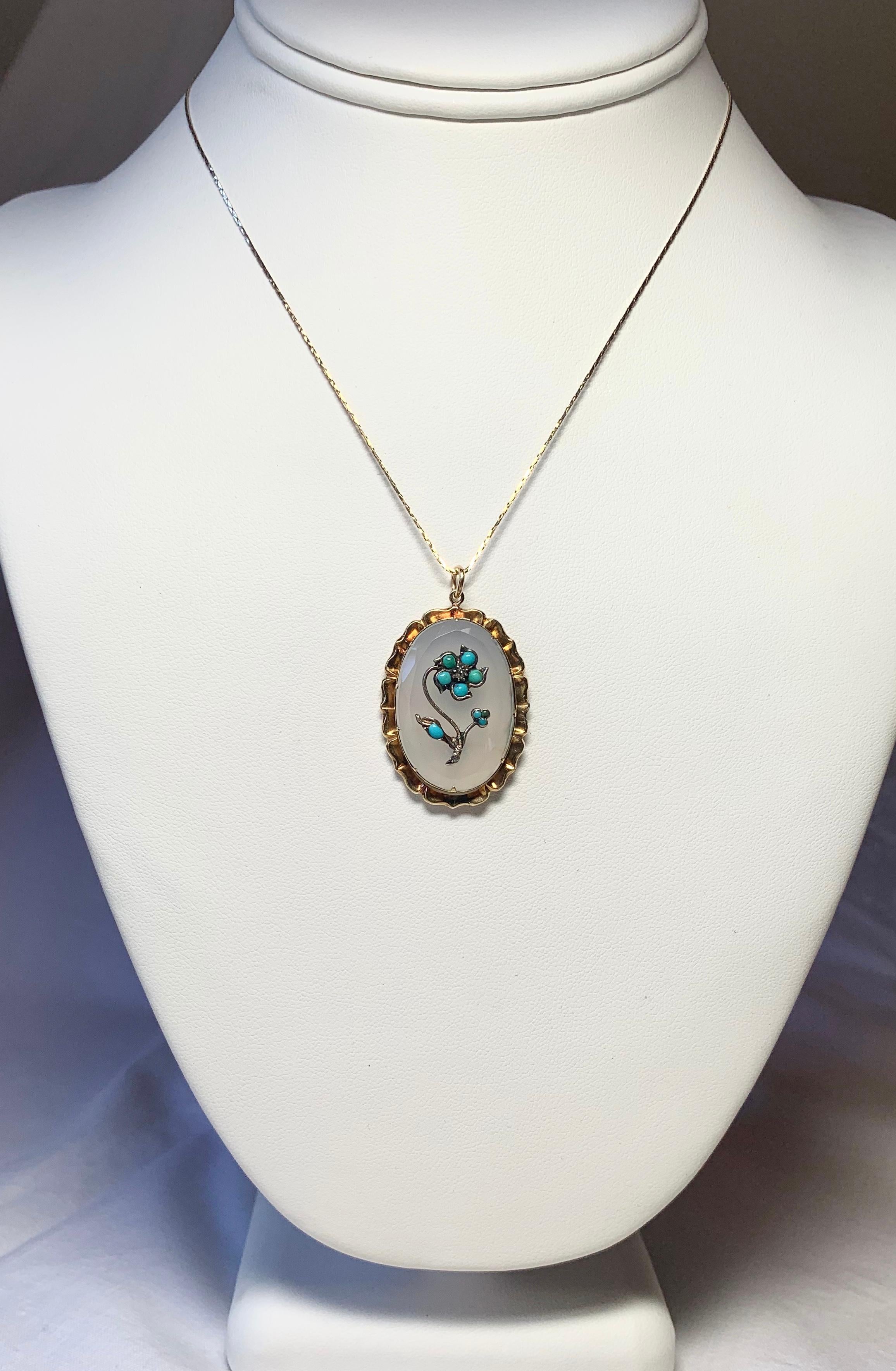 Old Mine Cut Turquoise Rose Diamond Chalcedony Pendant 15 Karat Gold c1880 Victorian Necklace