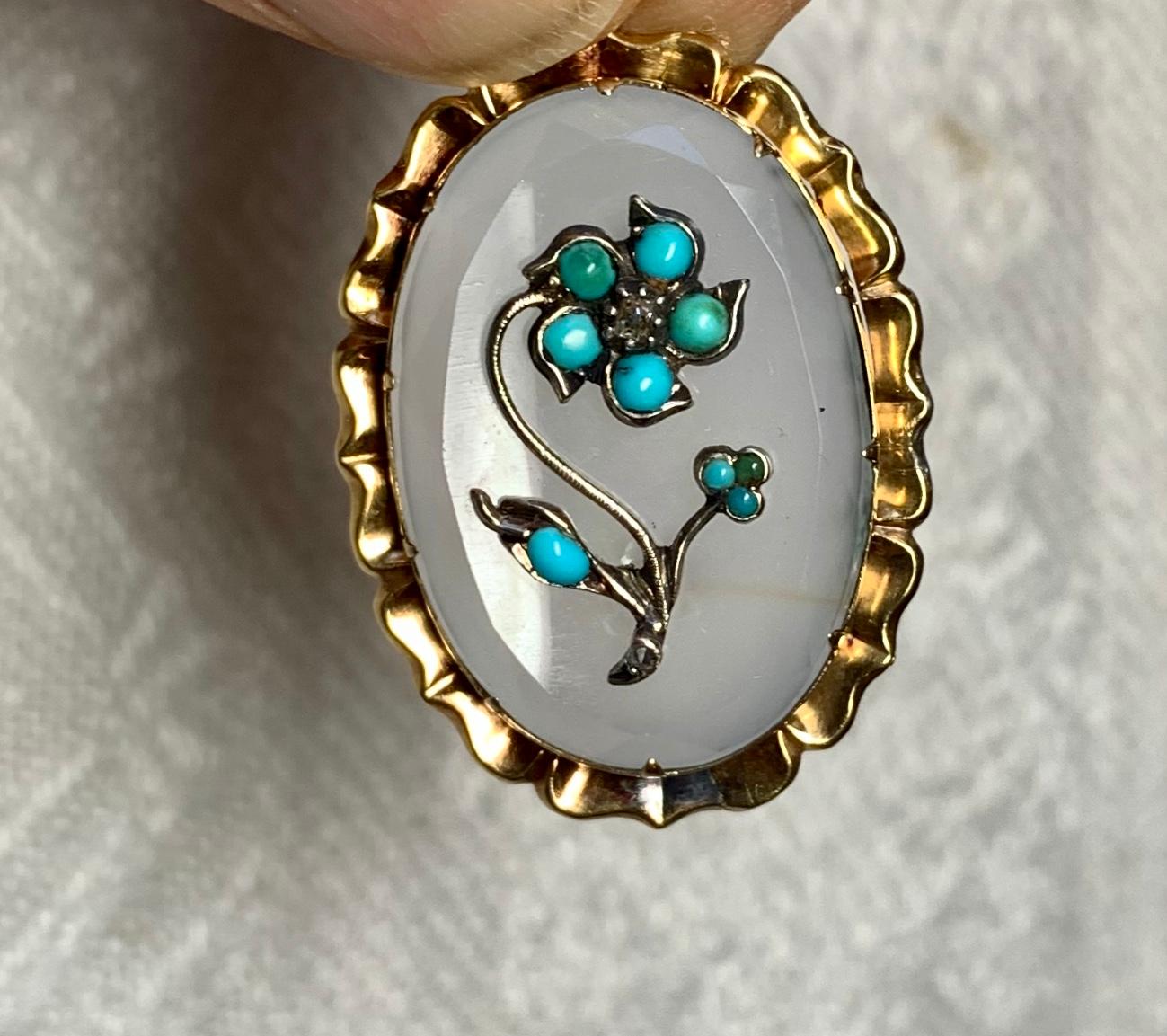 Turquoise Rose Diamond Chalcedony Pendant 15 Karat Gold c1880 Victorian Necklace In Good Condition In New York, NY
