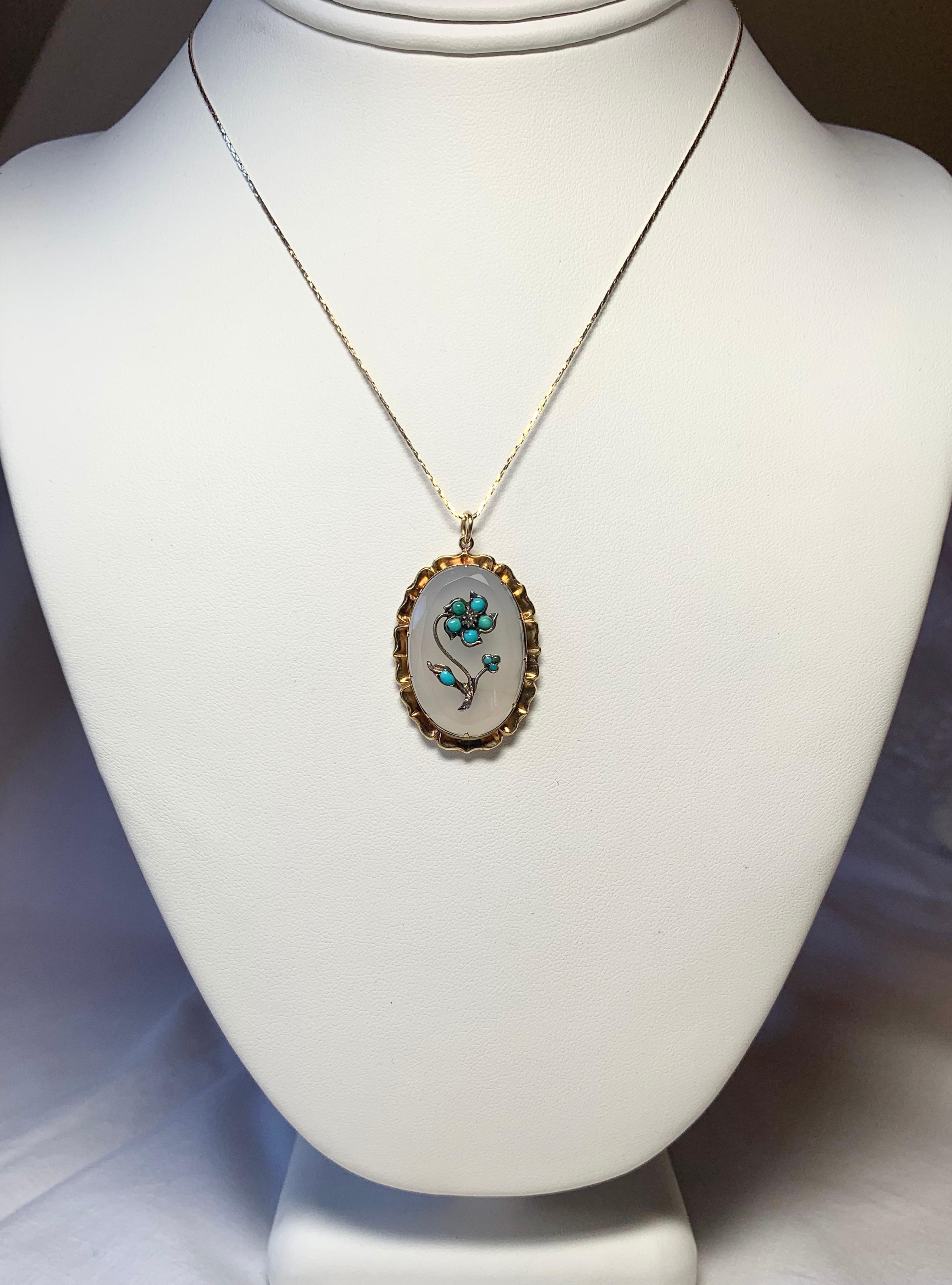 Turquoise Rose Diamond Chalcedony Pendant 15 Karat Gold c1880 Victorian Necklace 1
