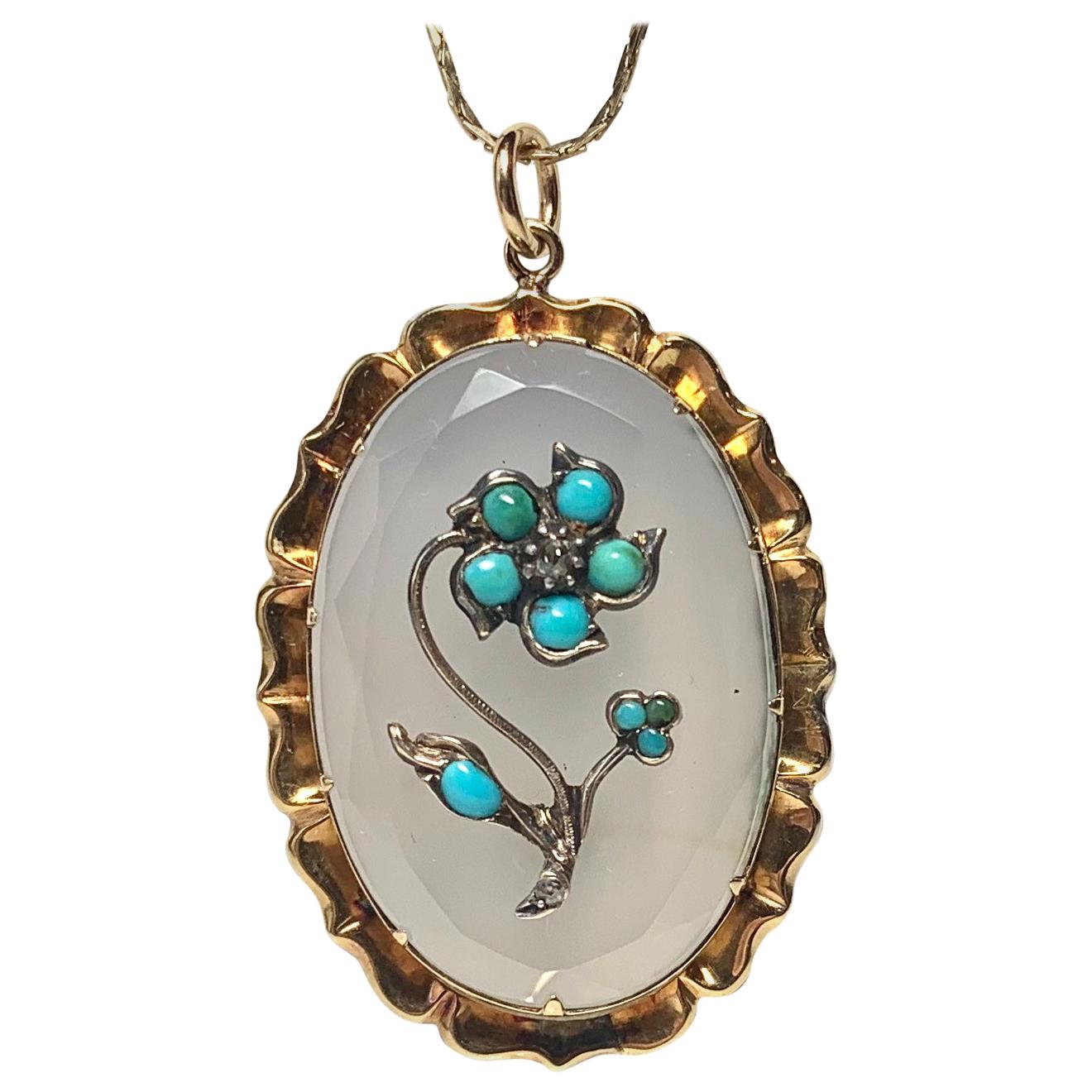 Turquoise Rose Diamond Chalcedony Pendant 15 Karat Gold c1880 Victorian Necklace