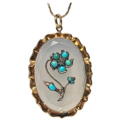 Antique Turquoise Rose Diamond Chalcedony Pendant 15 Karat Gold c1880 Victorian Necklace