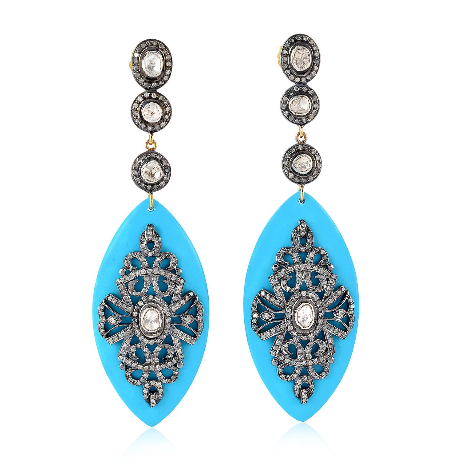 Artisan Turquoise Rosecut Diamond Earrings For Sale