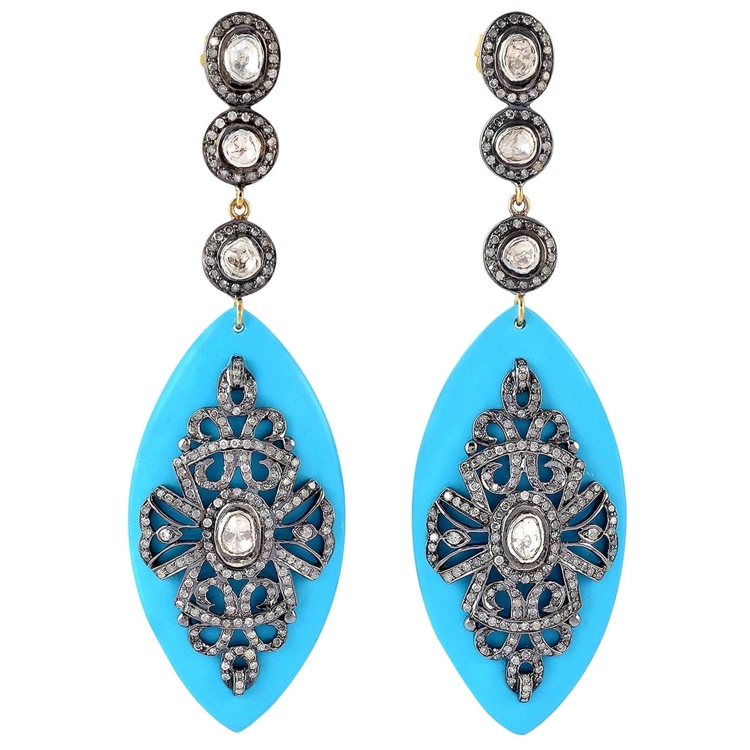 Turquoise Rosecut Diamond Earrings For Sale
