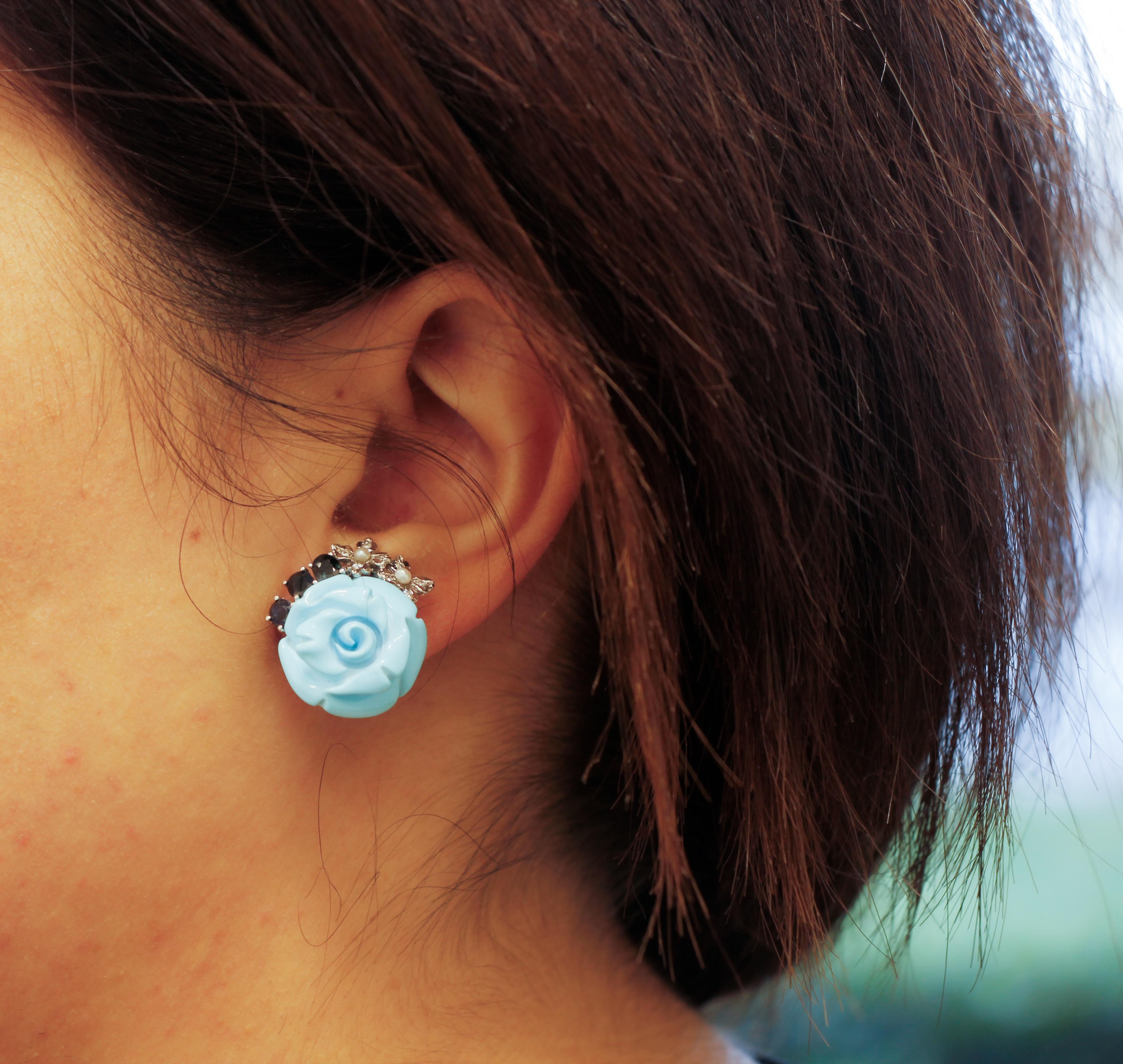 Women's Turquoise Roses, Diamonds and Blue Sapphires Earrings For Sale