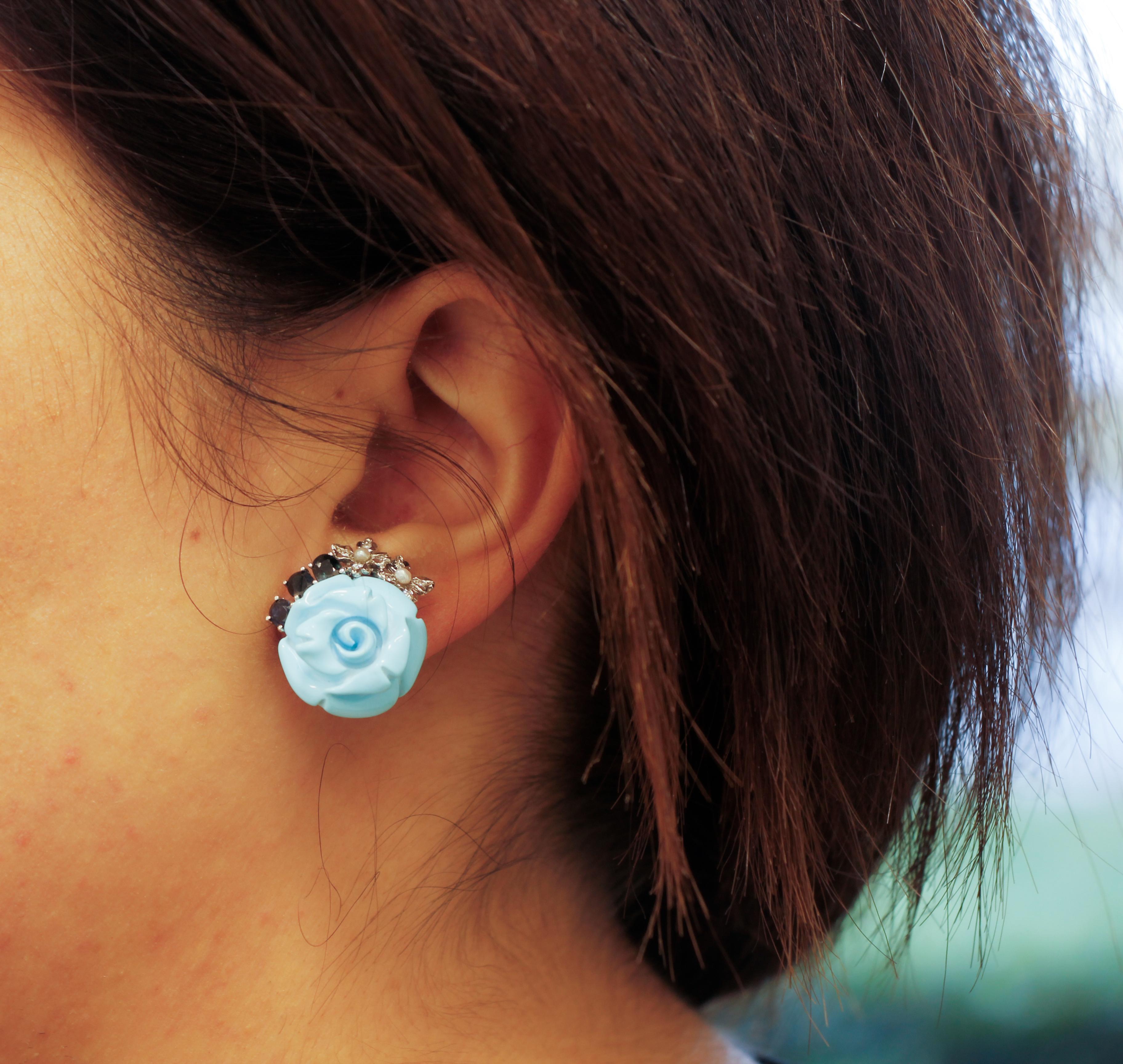 Women's Turquoise Roses, Diamonds and Blue Sapphires Earrings