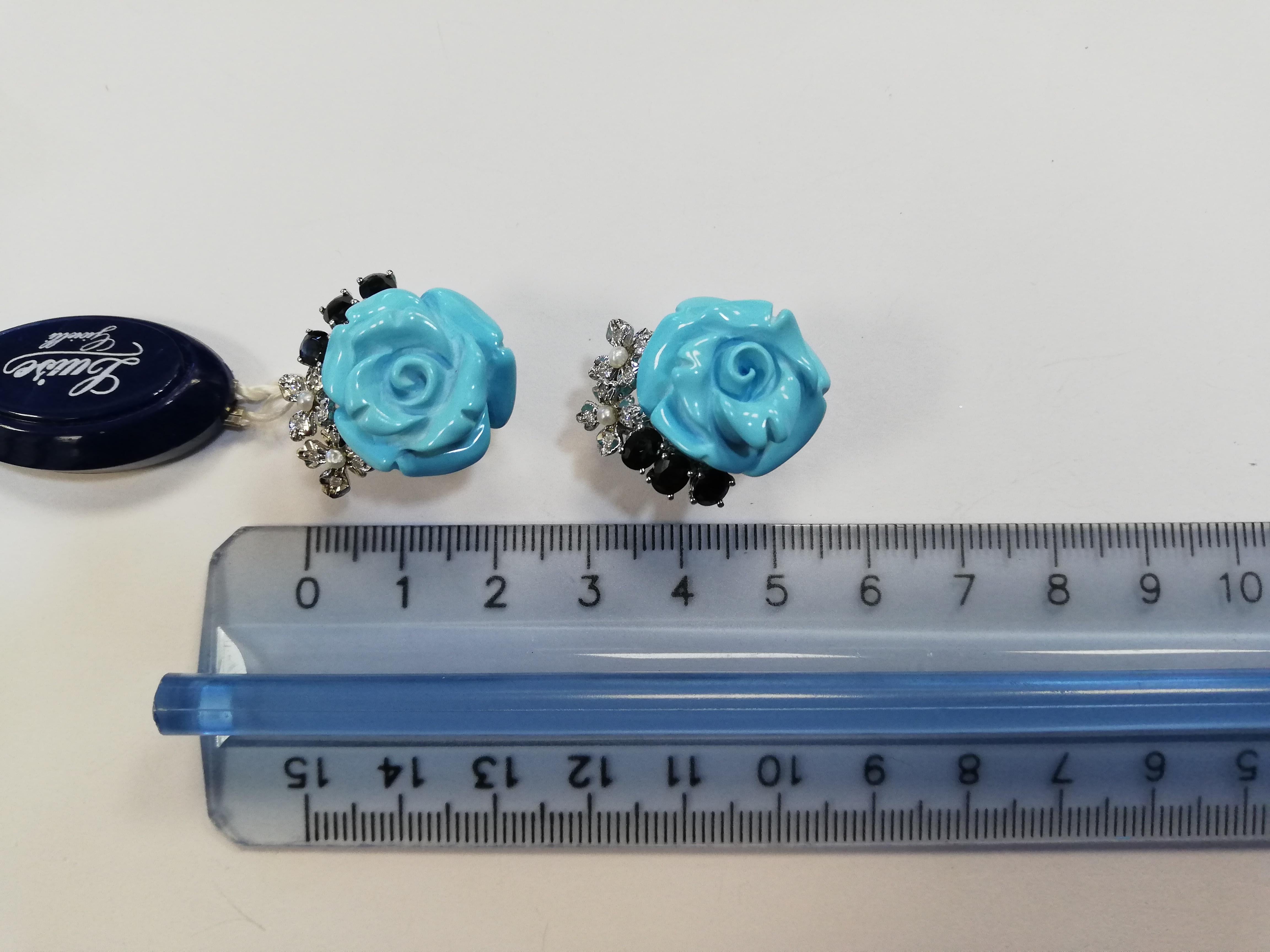Turquoise Roses, Diamonds and Blue Sapphires Earrings For Sale 2