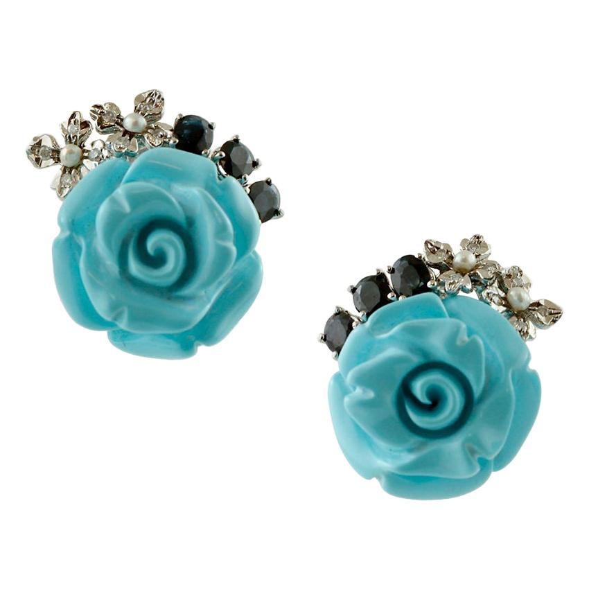 Turquoise Roses, Diamonds and Blue Sapphires Earrings For Sale