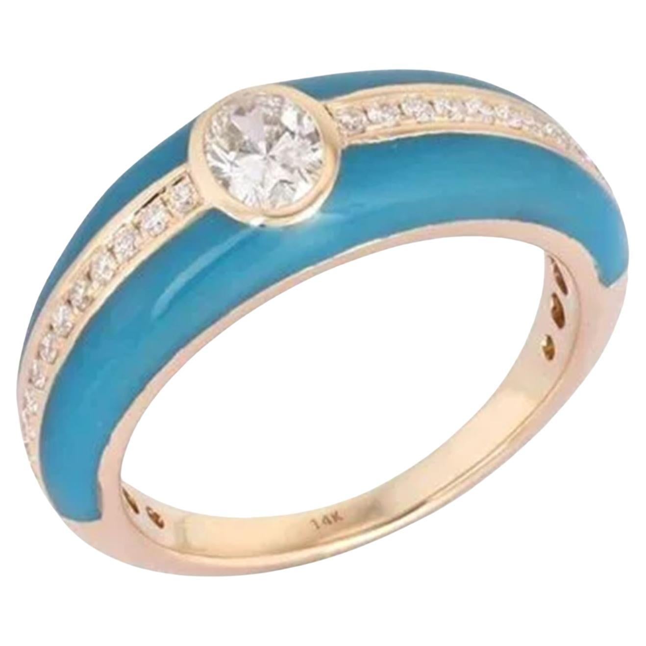 0.40ct Oval Cut Diamond Turquoise Enamel Dome Ring in 14K Yellow Gold