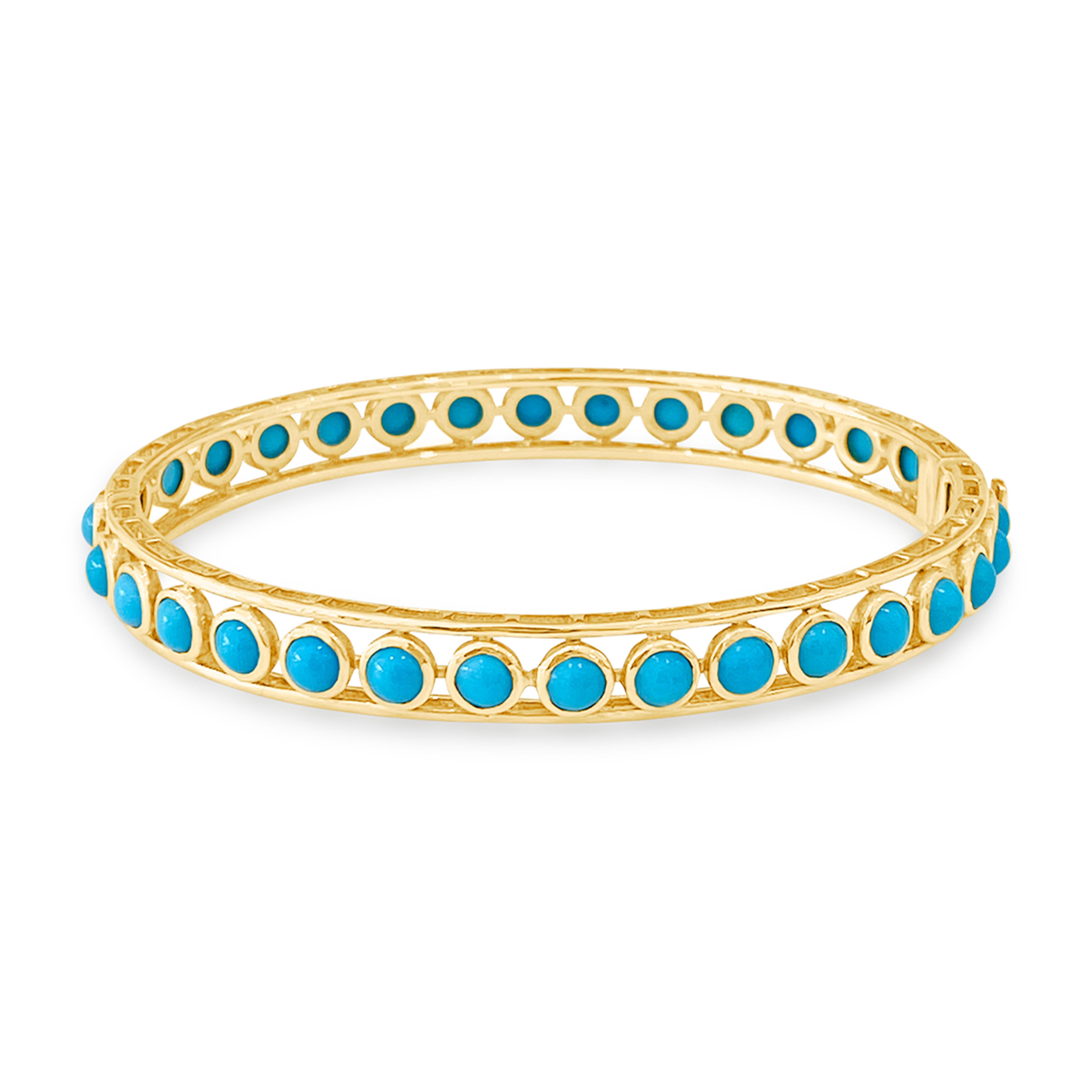 Tresor Turquoise Bangle features 6.50 cts Turquoise in 18k yellow gold. The Bracelet are an ode to the luxurious yet classic beauty with sparkly diamonds. Their contemporary and modern design makes them versatile in their use. The Bracelet are
